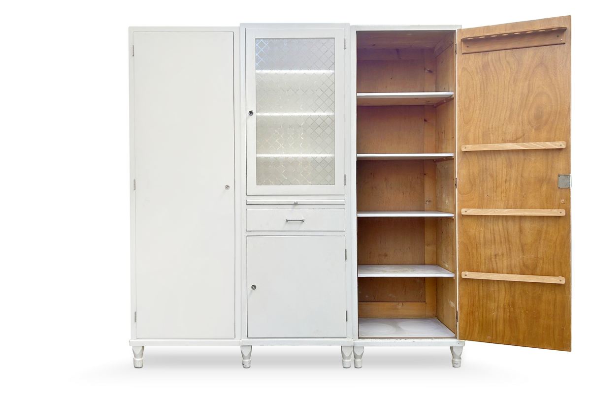 küchenschrank antiker Vorratsschrank Vintage Küchenmöbel Keramikschüttenregal creme MidCentury Deutschland