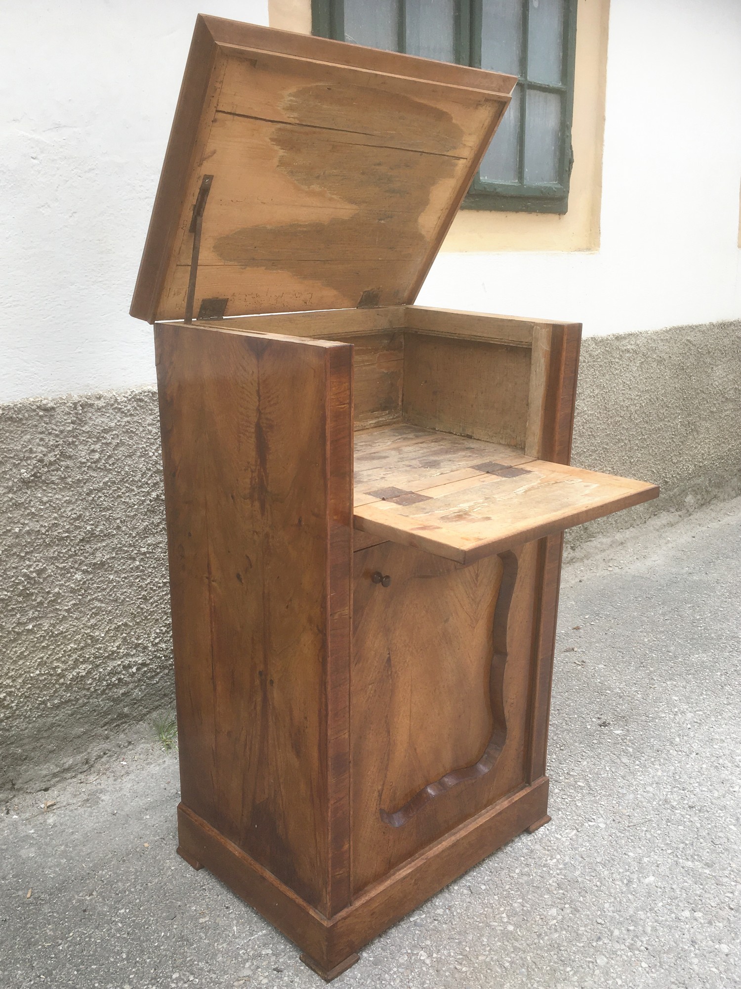 Sekretär klappdeckel schmal Schrank kleiner Vintage Schrank Halbschrank Vollholz Biedermeier Kommode Waschtisch Deckel aufklappbar antik Truhe Brezelschrank