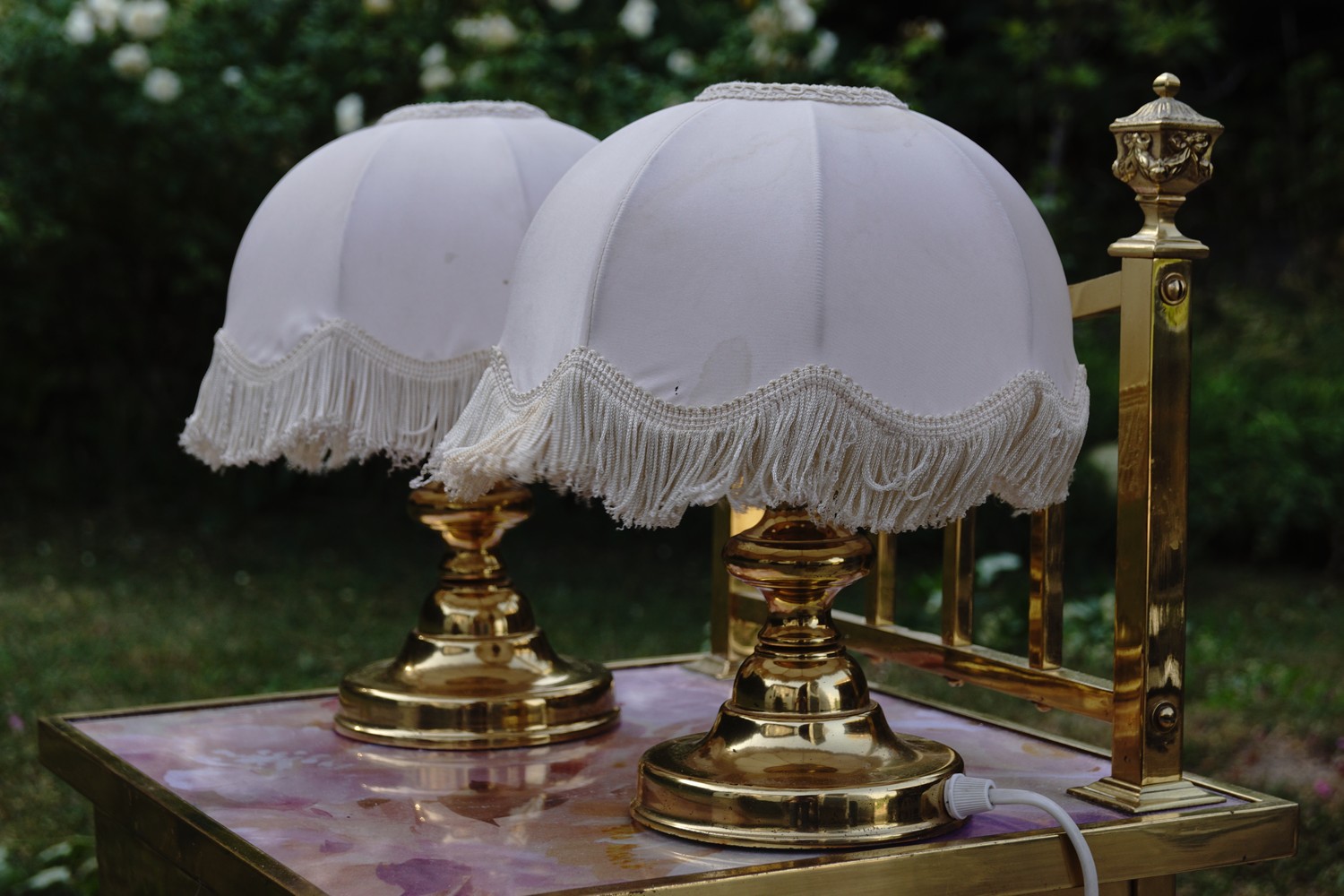 Tischleuchter Messing Fransenlampenschirm Tischlampe 2 Stk. Vintage Pärchen