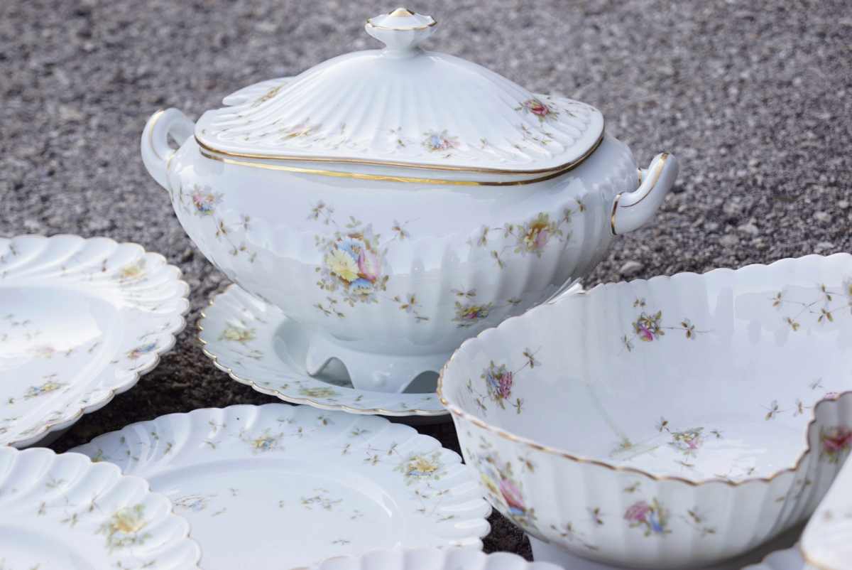 antikes Porzellan Komplettset blümchen gold eckig antikes Geschirr Shabby chic Vintage Jugendstil Teller Terrinne Sauciere