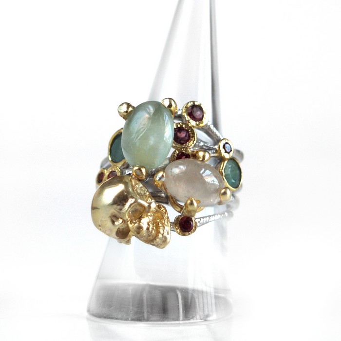Ring 925 Silber Totenkopf Edelsteine Aquamarin Rhodolit Smaragd