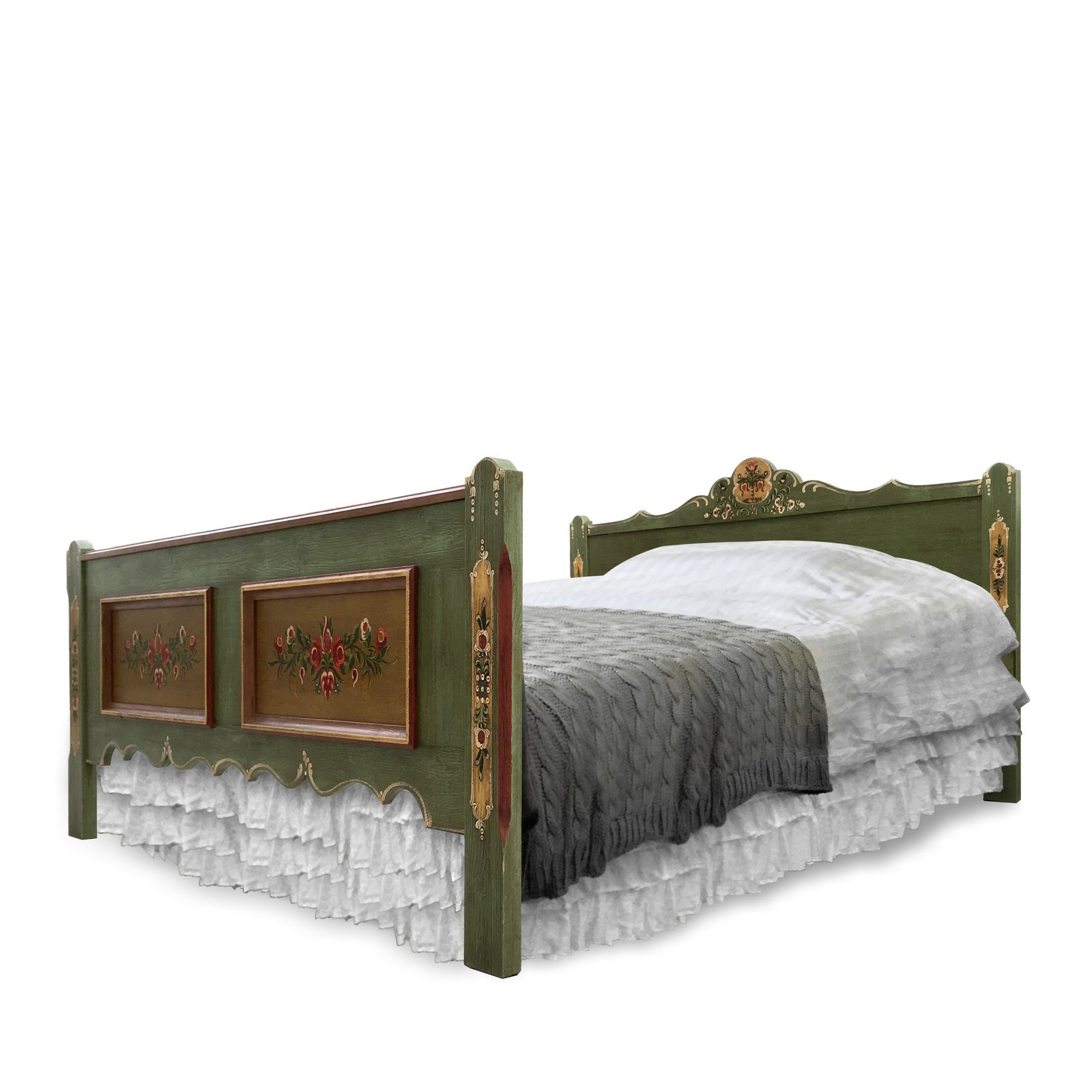 Doppelbett Voglauer Bett grün bemalt Bauernmöbel Anno 1800 Voglauer Bett