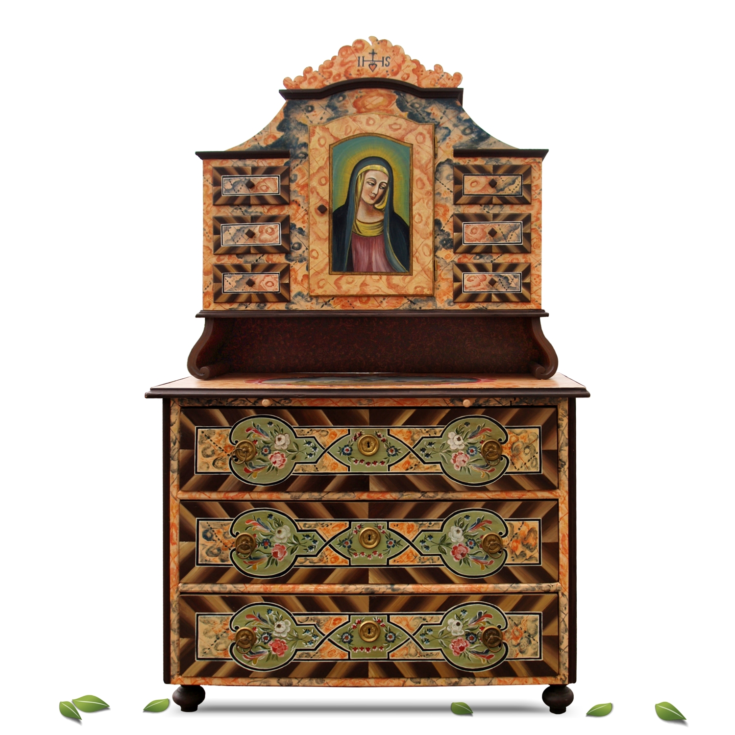 Bauernschrank antik Bauernmöbel bemalt "Hl. Maria von Nazareth" Bauernschrank Antiquität Maria bemalt Heiligenbild Möbel Tabernakel Küchenschrank