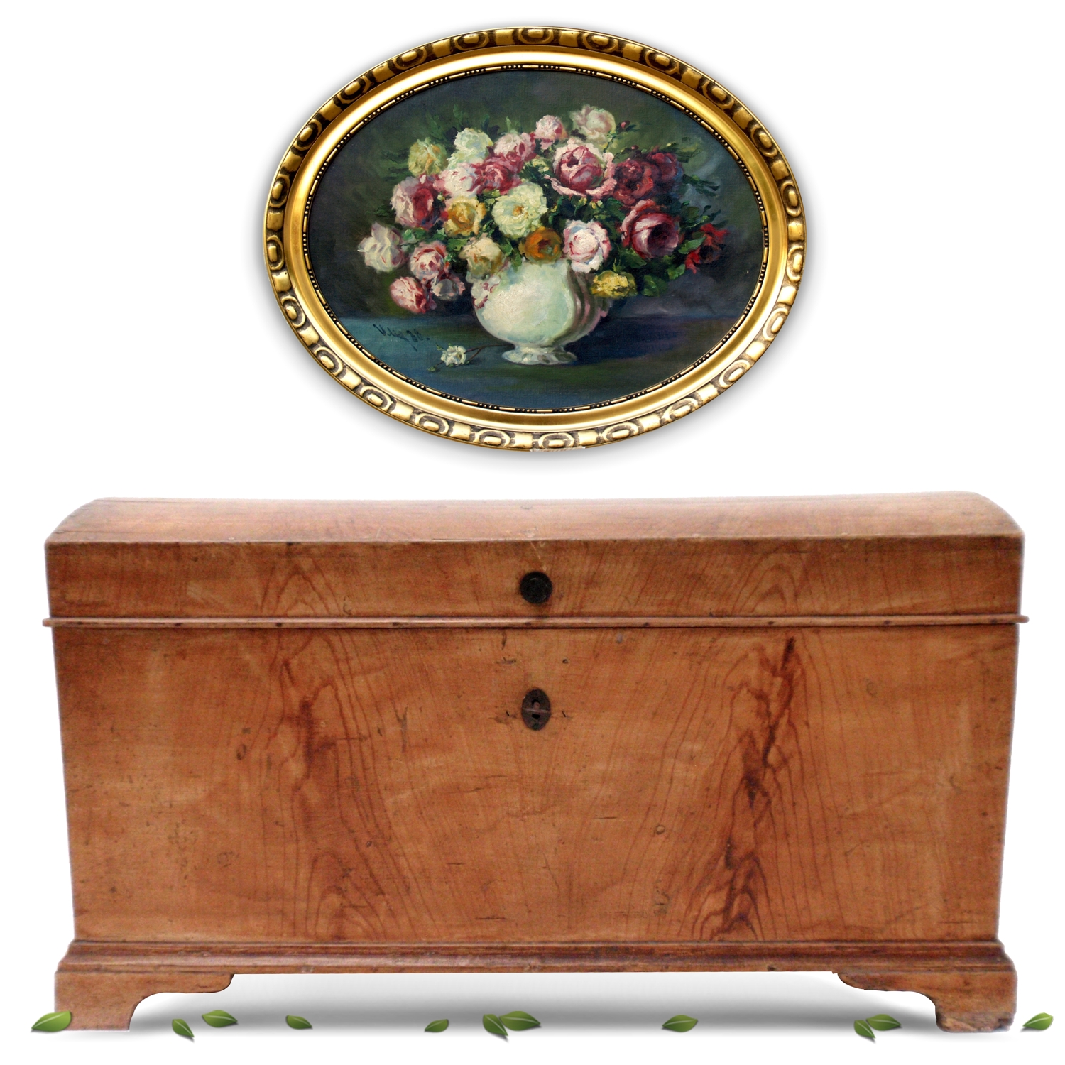 Truhe antik Vollholz furniert hellbraun Vintage