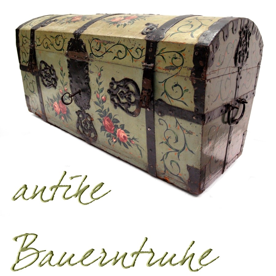 Bauerntruhe antike Truhe grün üppige Eisenbeschläge Truhe handbemalt