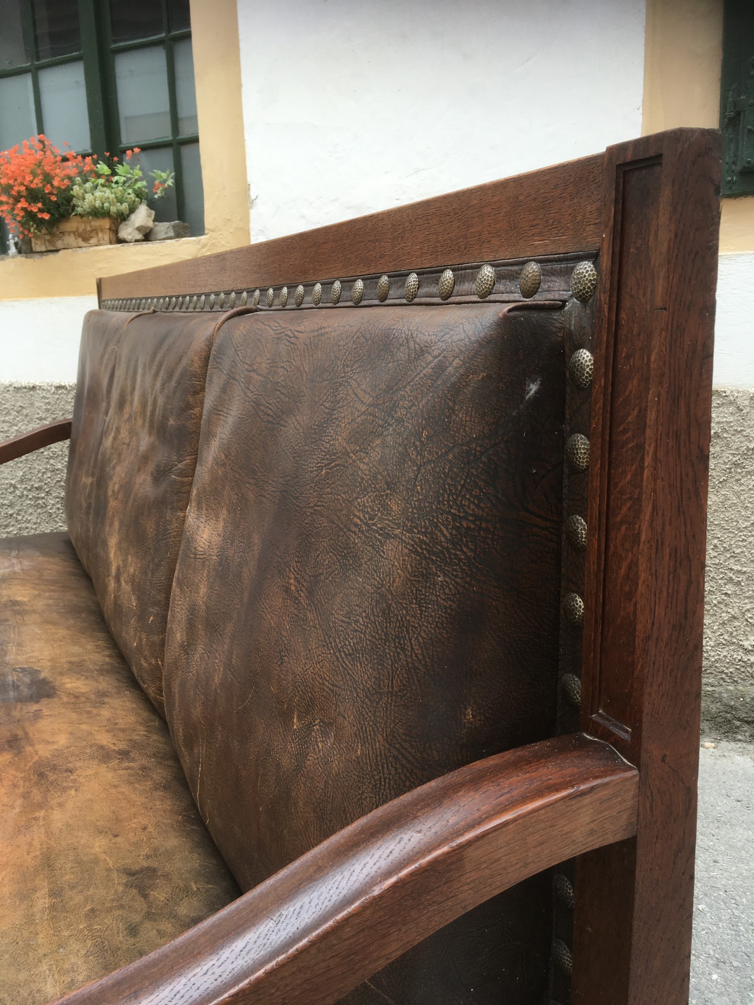 Jugendstil Sitzbank Sofa groß Eiche massiv Leder braun antik