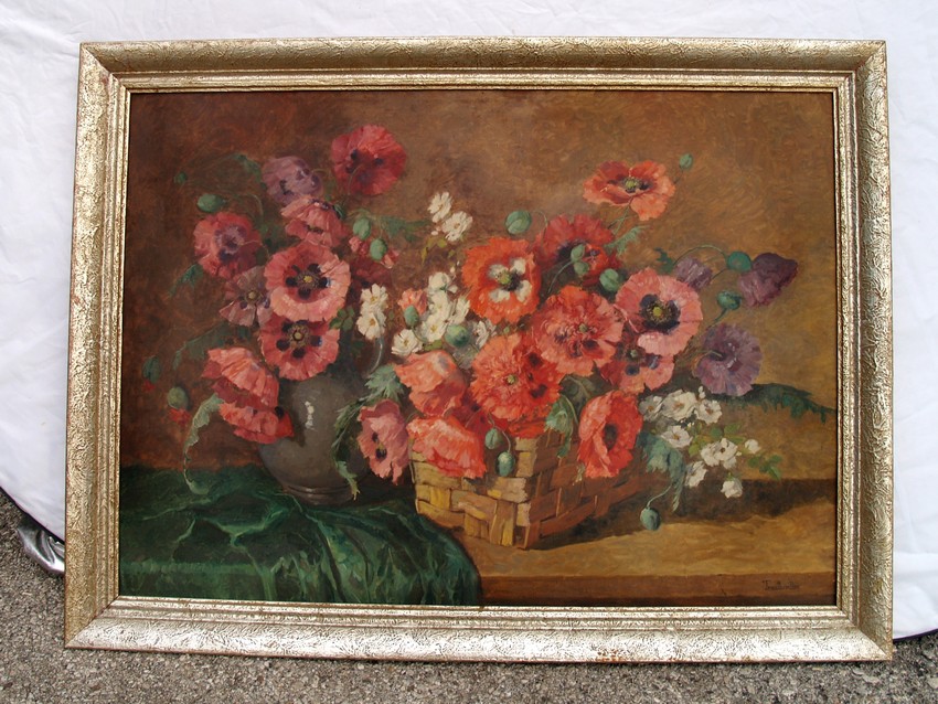 Ölbild großes Stilleben Blumen Malerei 112 x 84 cm "Mohnblumen" Vintage silberner Vollholz Bilderrahmen tauttweiller