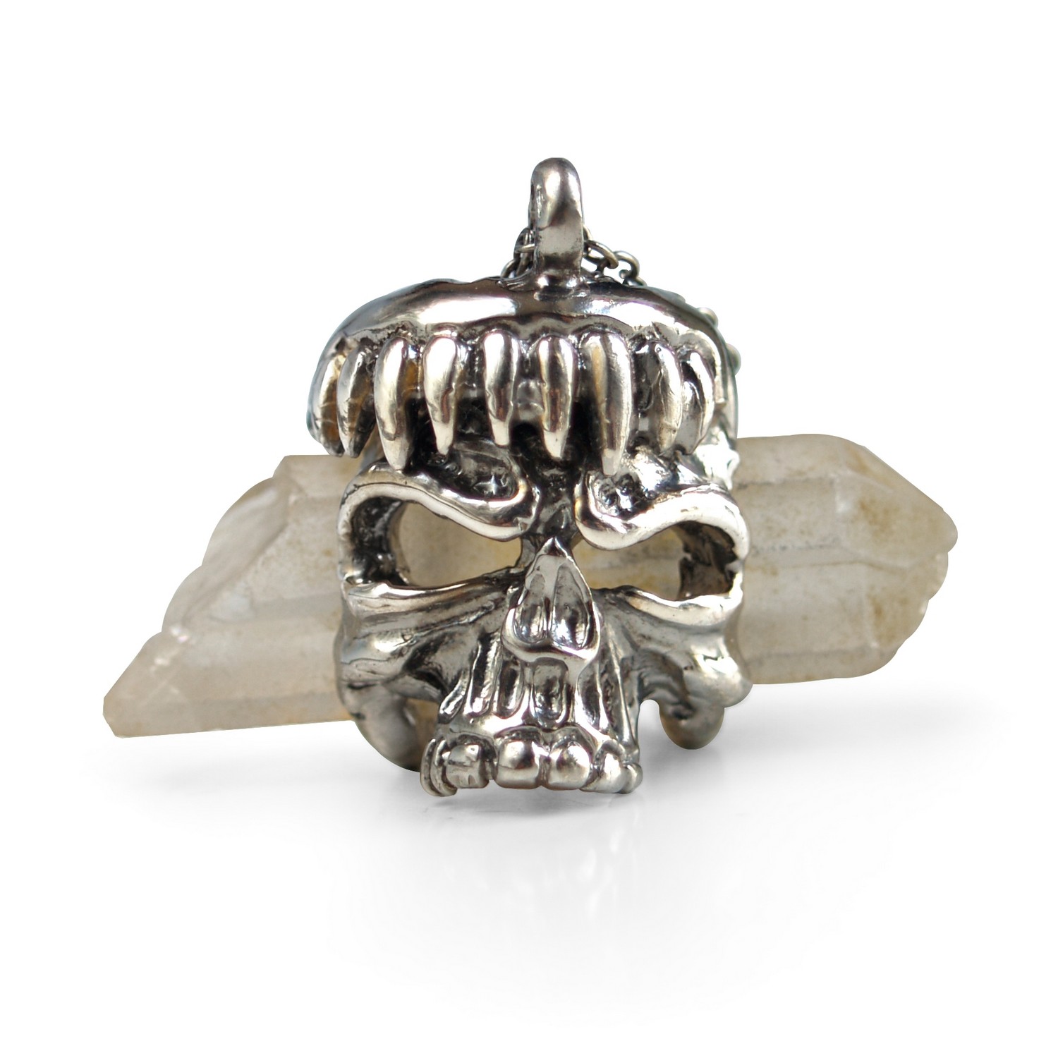 Totenkopf Silber 925 Anhänger handgefertigt Edelstein Quarz + Kette Design Einzelstück