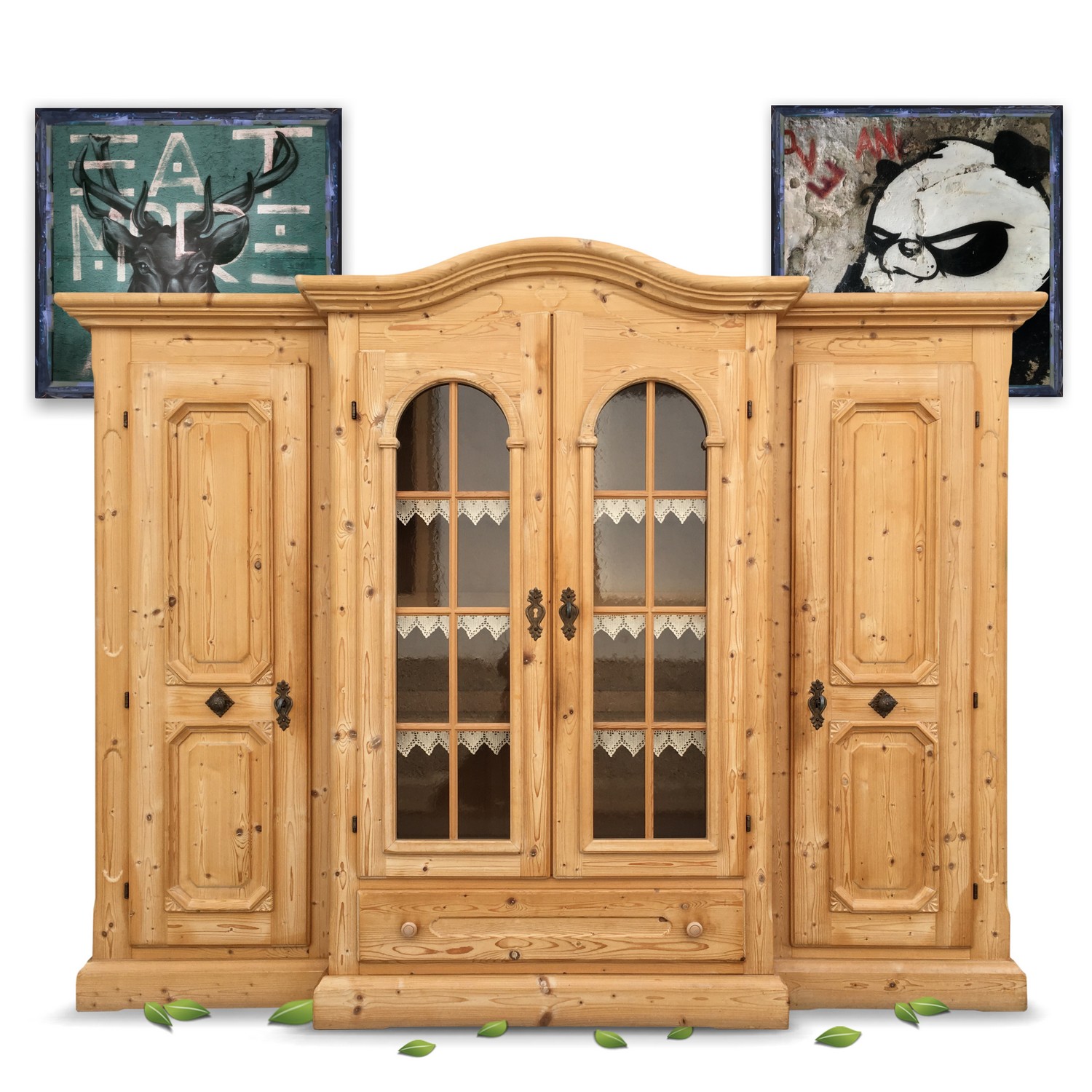 Voglauer Bauernschrank Naturholz Vitrine großer Küchenschrank Wohnzimmerschrank Landhaus Voglauer Schrank natur Vitrinenschrank dreiteilig Wohnzimmerschrank Anno