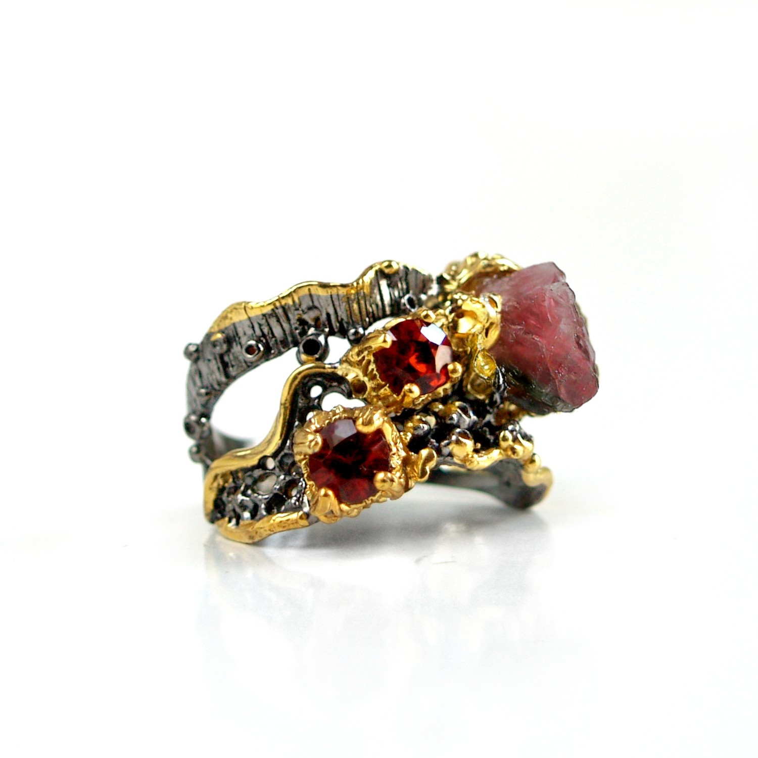 Ring 925 Silber Turmalin Granat Steampunk Zauberwald handgefertigt Ring 925 Silber Turmalin Granat Steampunk Zauberwald handgefertigt