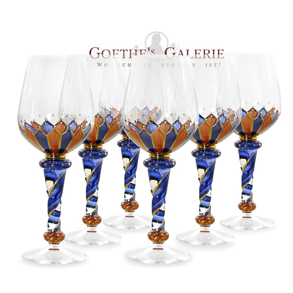 Weingläser 6er Set mundgeblasen blau gold Löwenherz Nagel Nagel Loewenherz