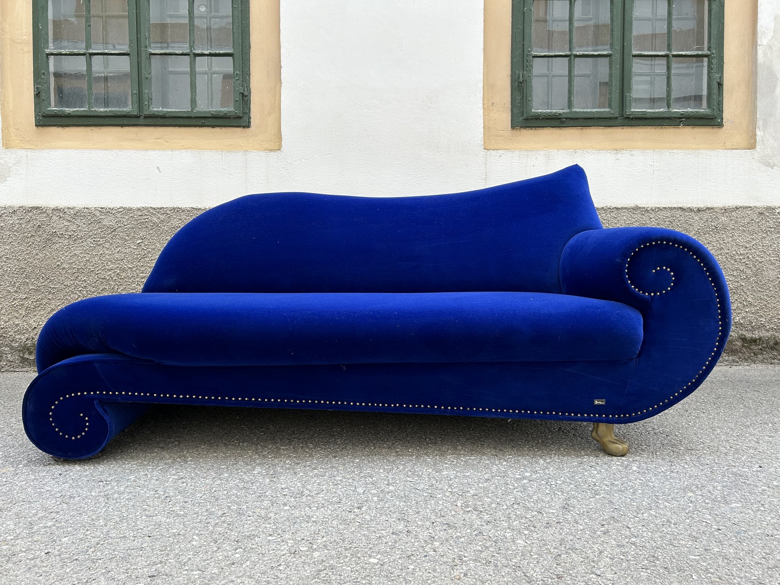 BRETZ Sofa Gaudi Recamiere X210re blau Velours neuwertig Tatzenbeine mattgold