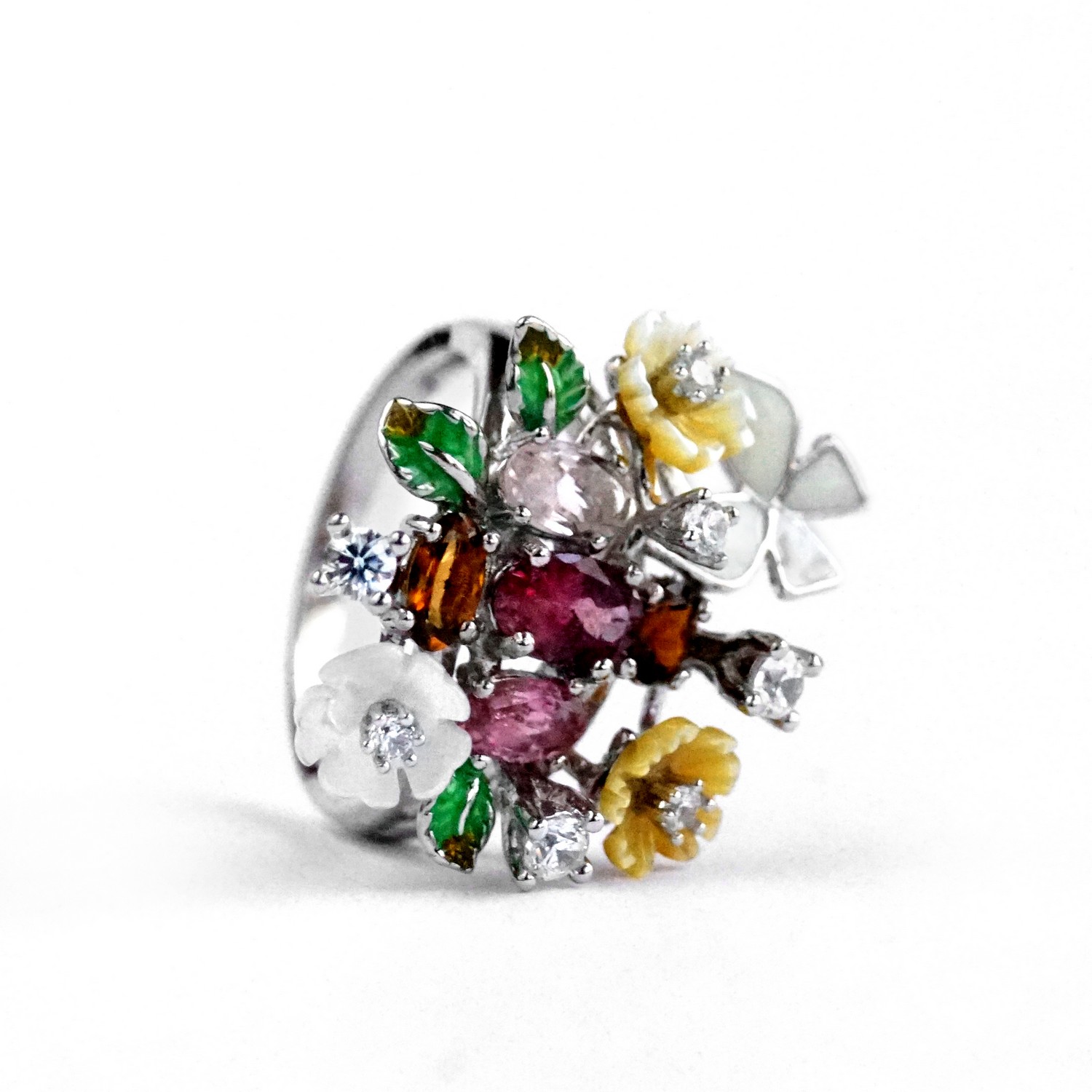 Ring 925 Silber Blüten Blumen Blätter Multicolor Edelsteine