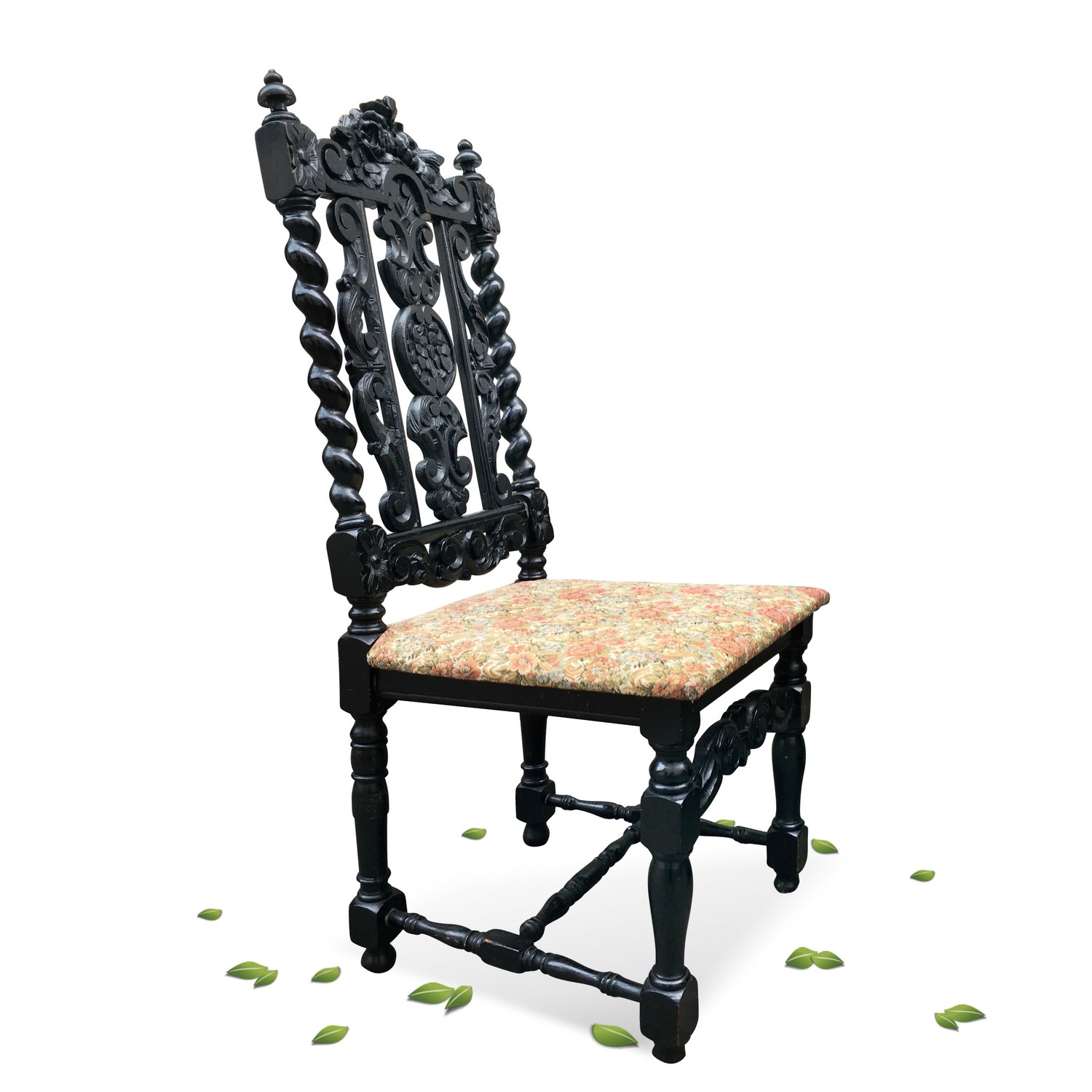 Sessel antik Vollholz Säulen noir Jagdstuhl beschnitzter Stuhl NeoRenaissance