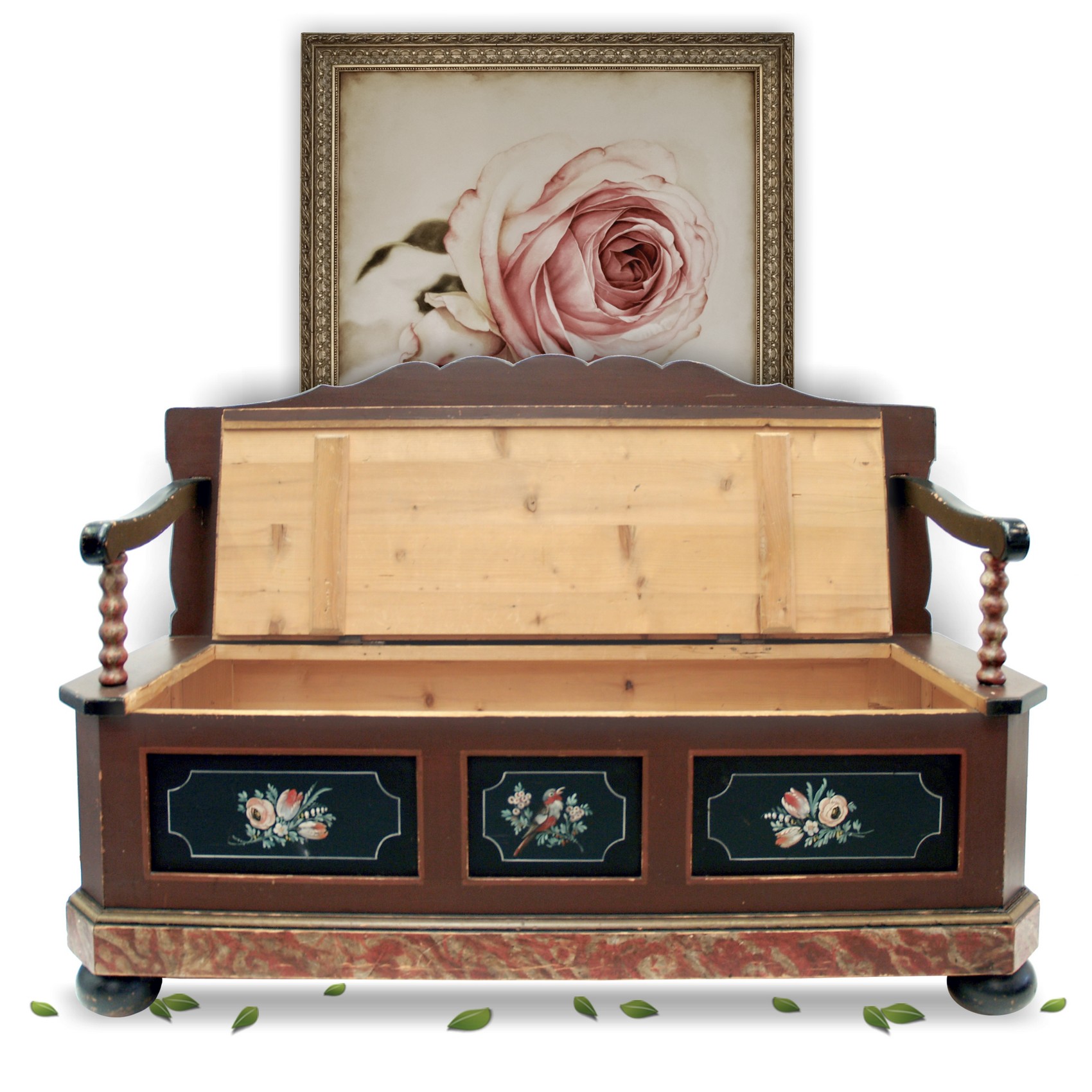 Truhenbank Sitztruhe Vintage Sitzbank bemalt antike Küchenbank Landhaus Bauernmöbel Vollholz