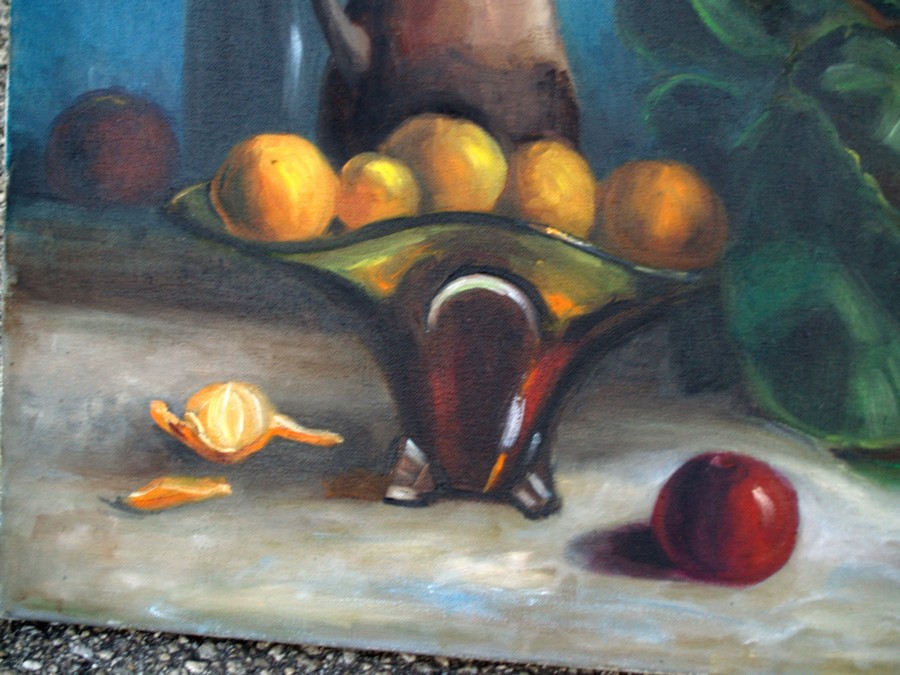 Ölbild großes Stilleben Blumen Veilchen Kirschen blau rot antik