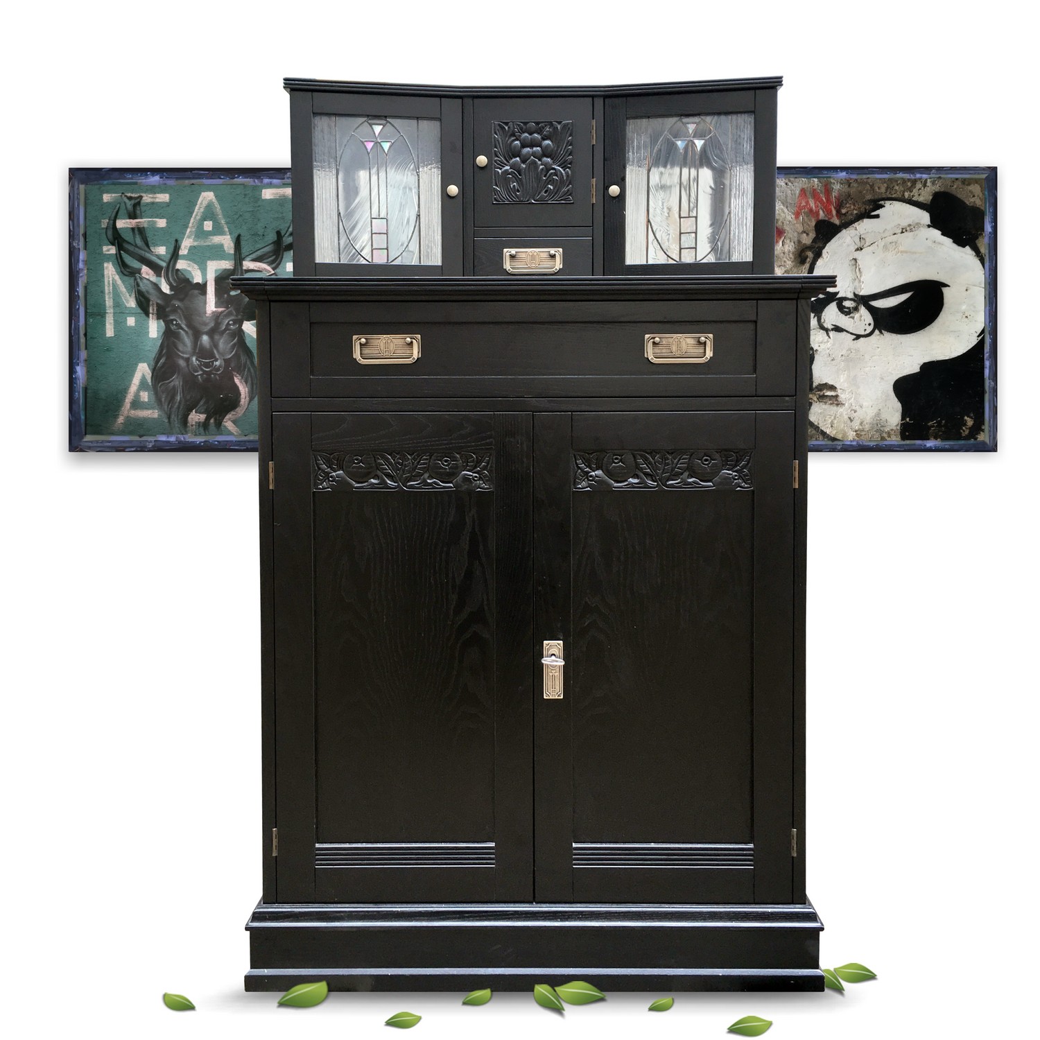 Schrank Jugendstil Vertiko Barschrank schwarz Bleiverglasung Kommode Jugendstil Vertiko Barschrank Stilmöbel schwarz Bleiverglasung SELVA Italy Kommode