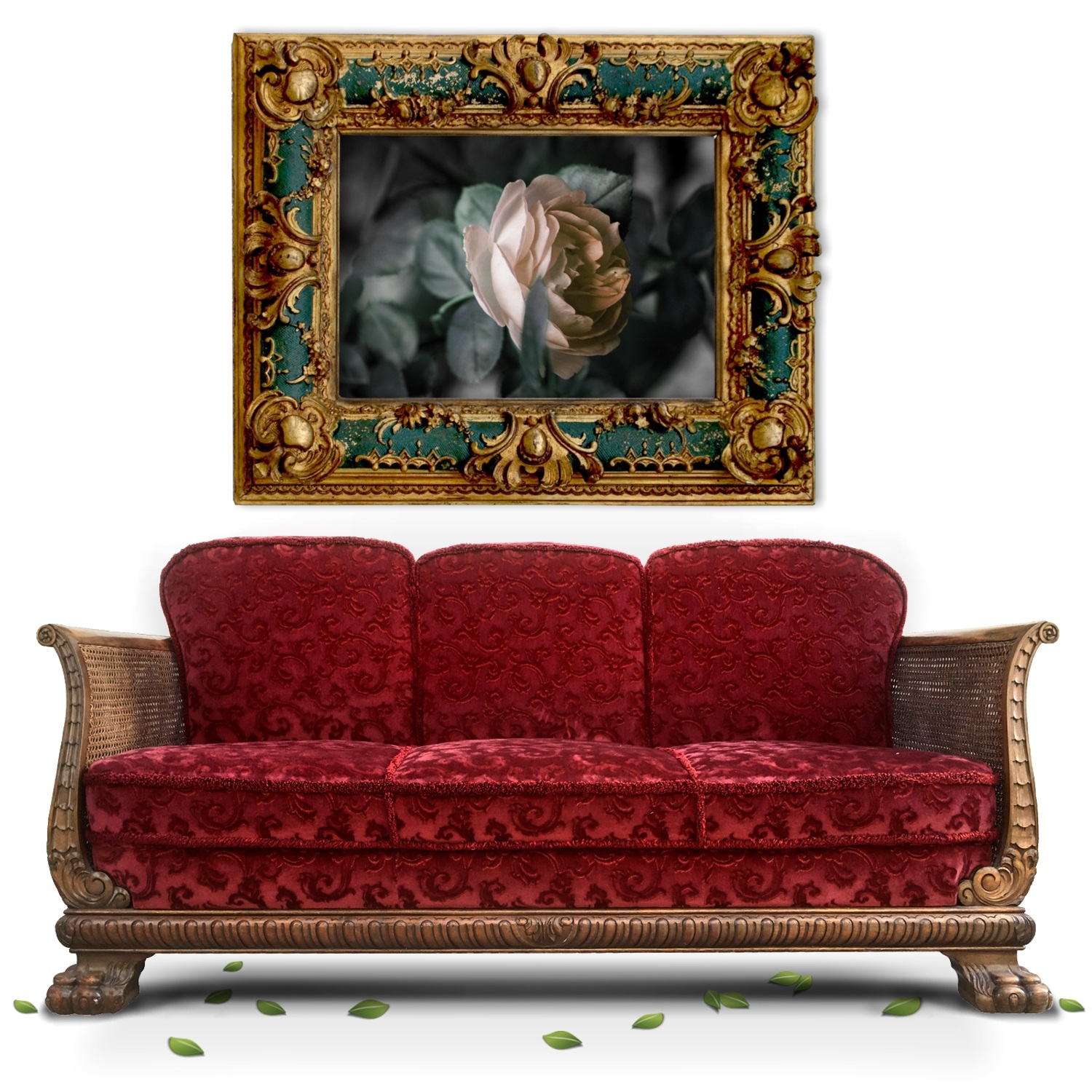 Sofa Renaissance 1930 antik Sitzbnank Tatzenfüße Massivholz beschnitzt Barock Chippendale Antiquität shop kaufen Neorenaissance Barock antik Löwentatzen Wiener Geflecht Antiquität Salon rot