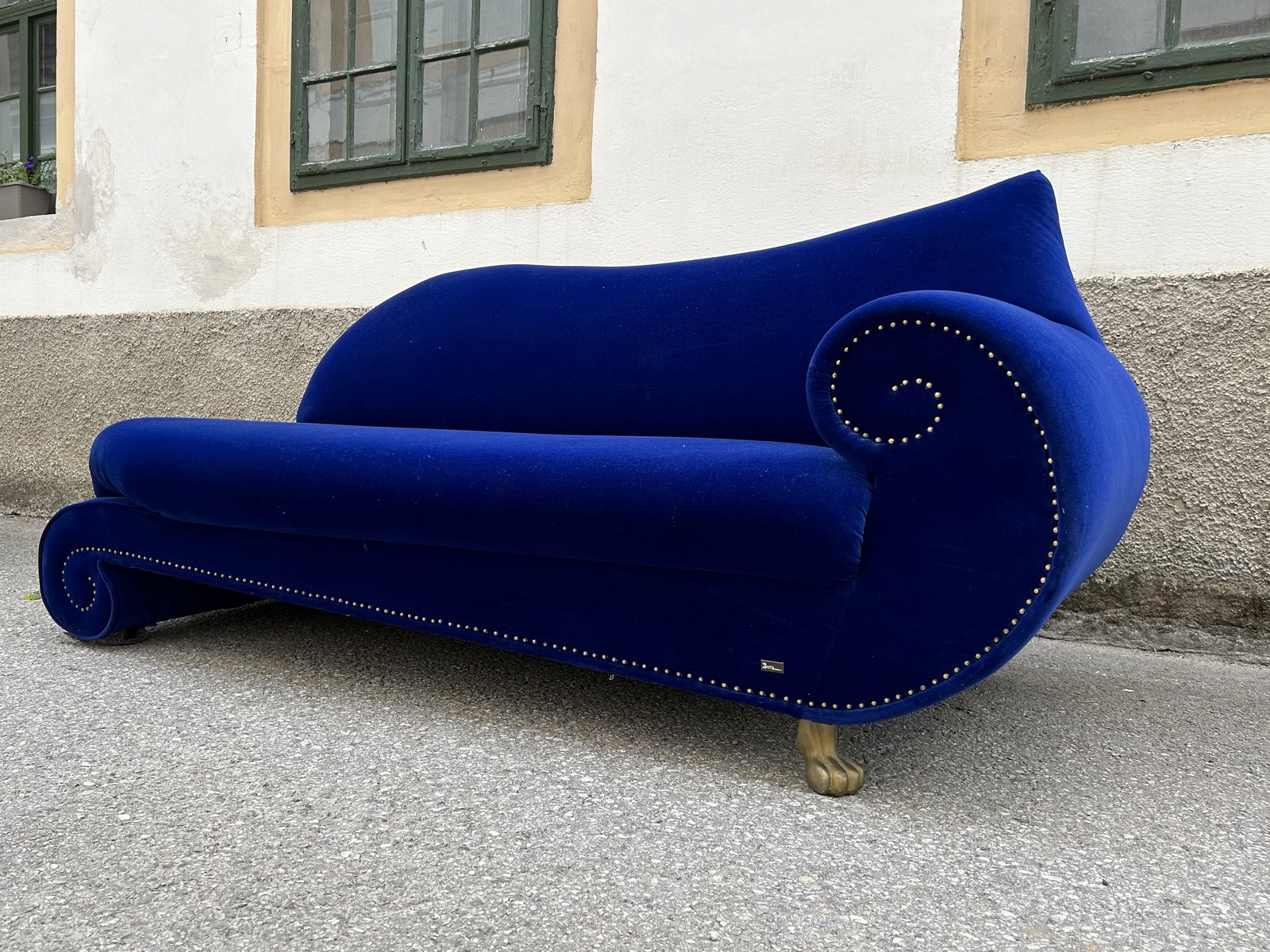 BRETZ Sofa Gaudi Recamiere X210re blau Velours neuwertig Tatzenbeine mattgold