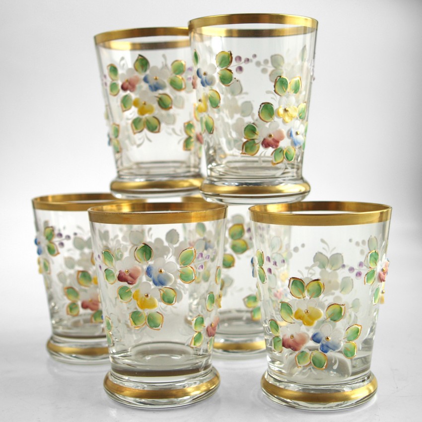 WasserGläser Goldrand Set 6 Stk. mundgeblasen Vintage Emaillebemalung Kristallgäser Wassergläser Vintage Blumen Goldrand