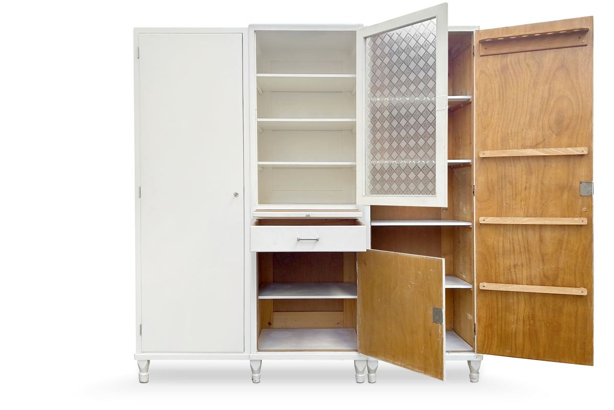 küchenschrank antiker Vorratsschrank Vintage Küchenmöbel Keramikschüttenregal creme MidCentury Deutschland