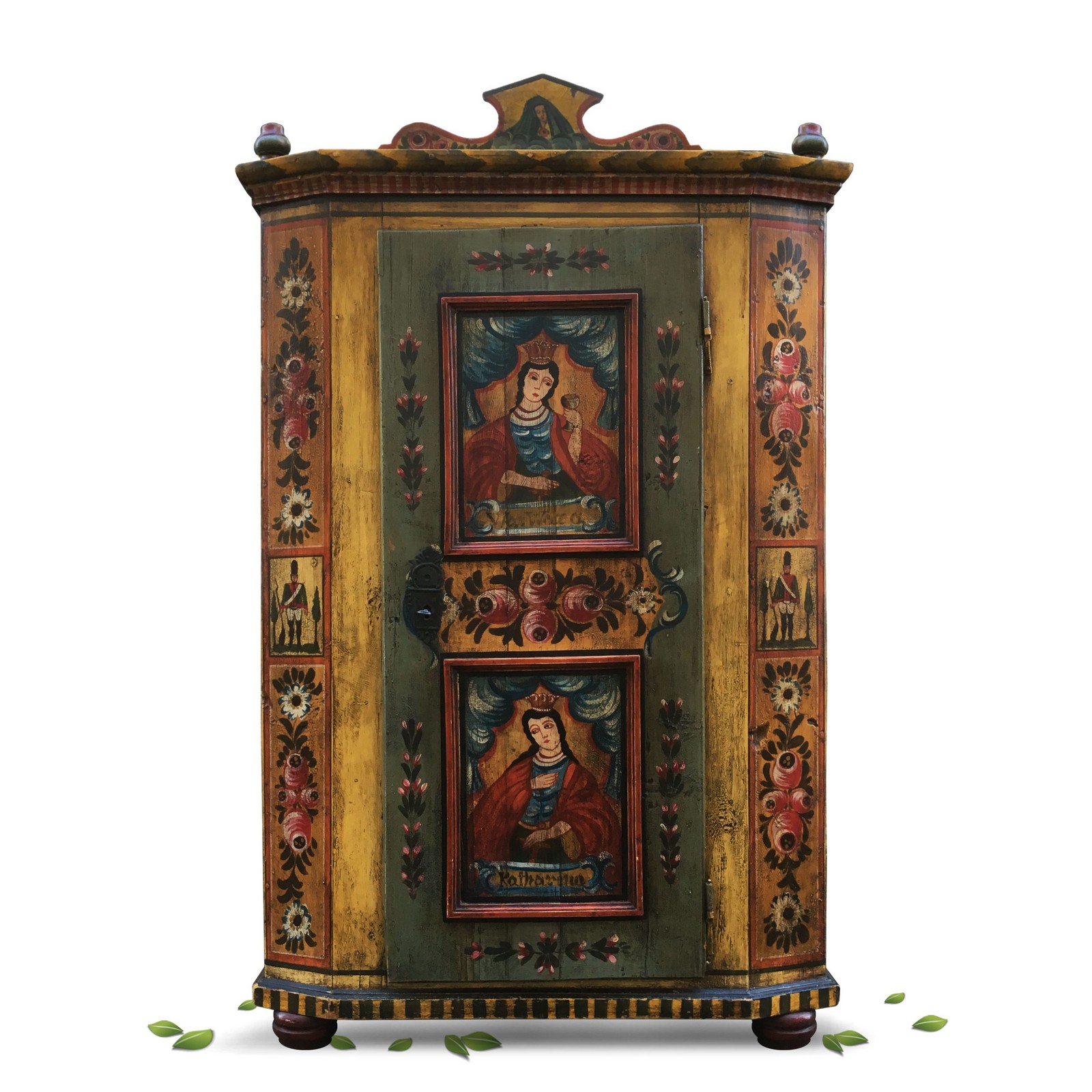 Sakral Bauernschrank antik Bauernmöbel Vollholz bemalt traumhaft schön Sakraler Bauernschrank antiker Bauernkasten bemalt Vollholz Maria Heiligenfigur Katharina Landhaus Möbel