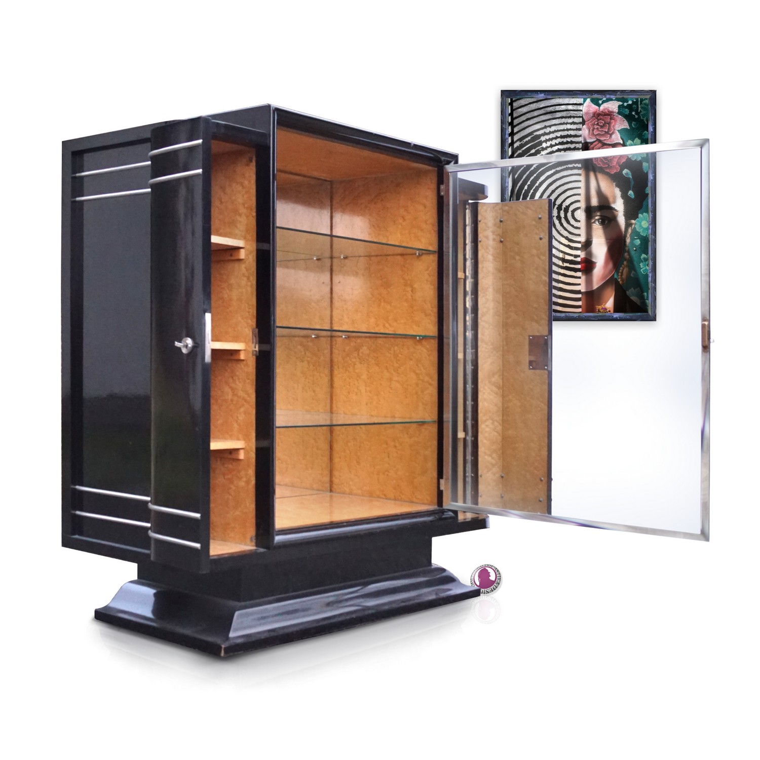 Antiker Schrank ARTDECO schwarz Chromliner Vitrine noir Möbel Original 30er-Jahre Vitrine Wurzelholz Verspiegelt Chromleisten Scheinen silber Silverliner