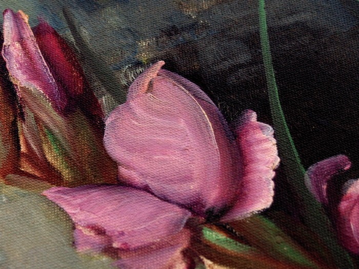 Ölbild vintage STilleben Blumen rosen gladiolen Öl auf Leinen antik rosa gelb grau