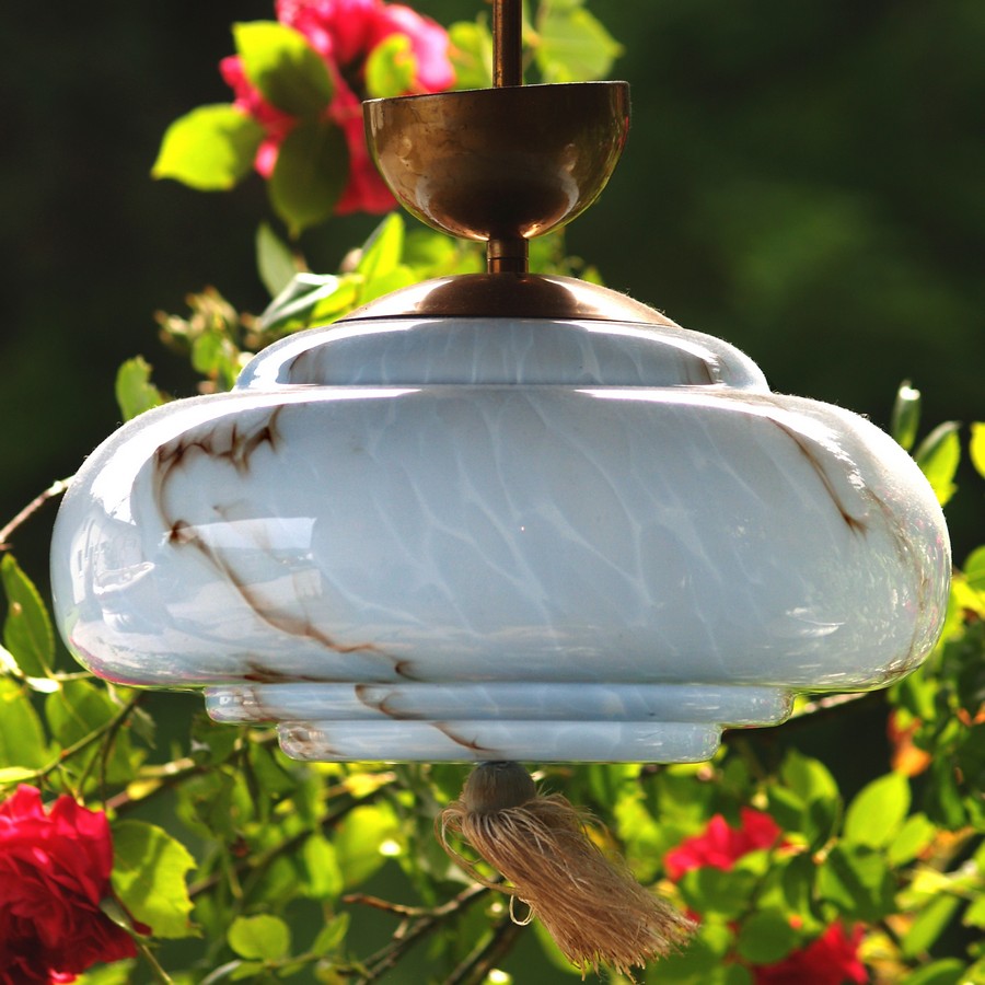 Hängelampe Art Deco blau marmoriert Artdeco Lampenschirm Glas getreppt Art Deco Luster