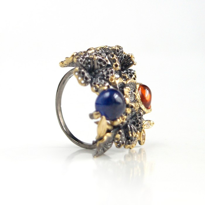 Ring 925 Silber Edelsteine Spessartin Steampunk-Design handgefertigt 