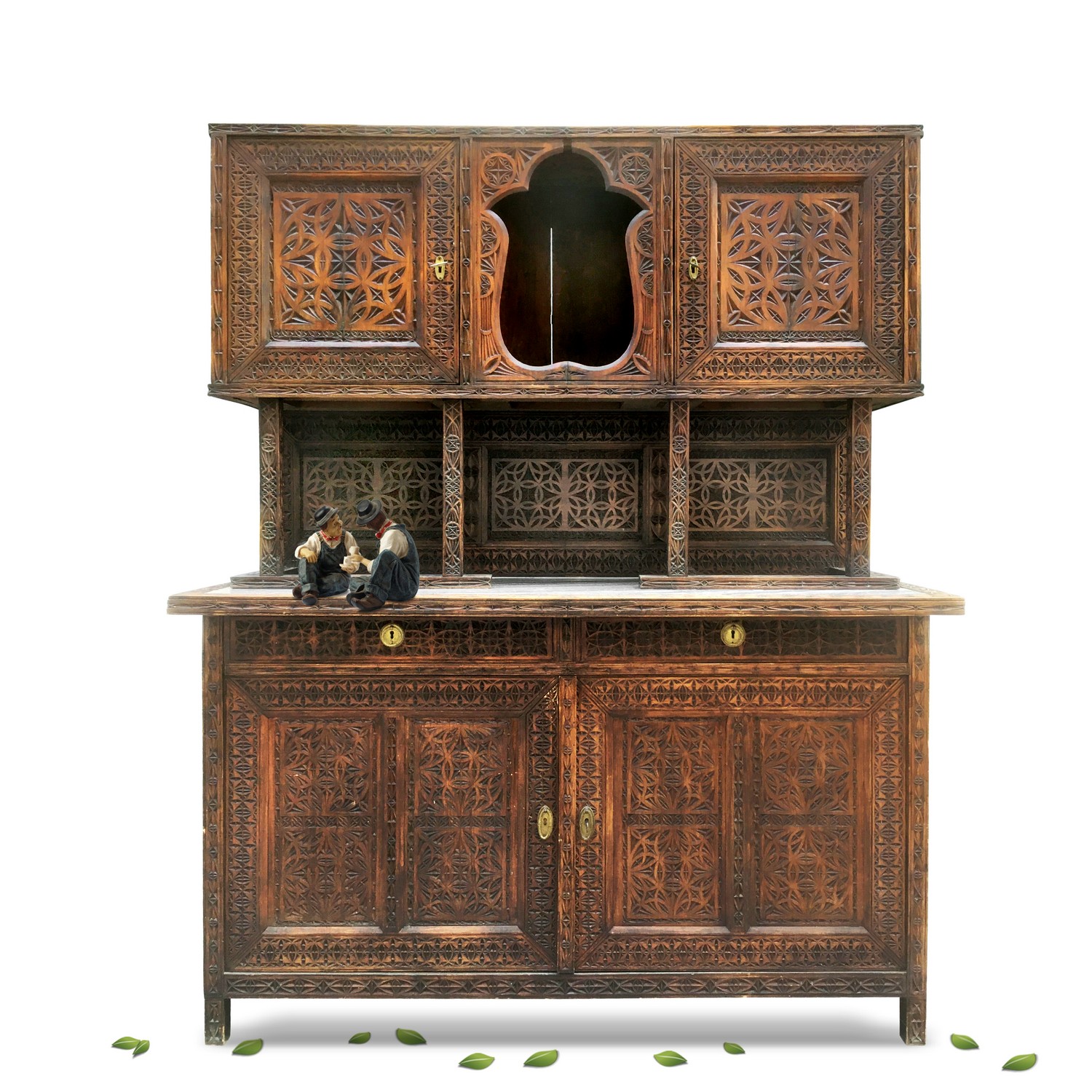 Antiker Schrank beschnitzt nachhaltiges Möbel Vintage Kerbschnitzerei Marmorplatte