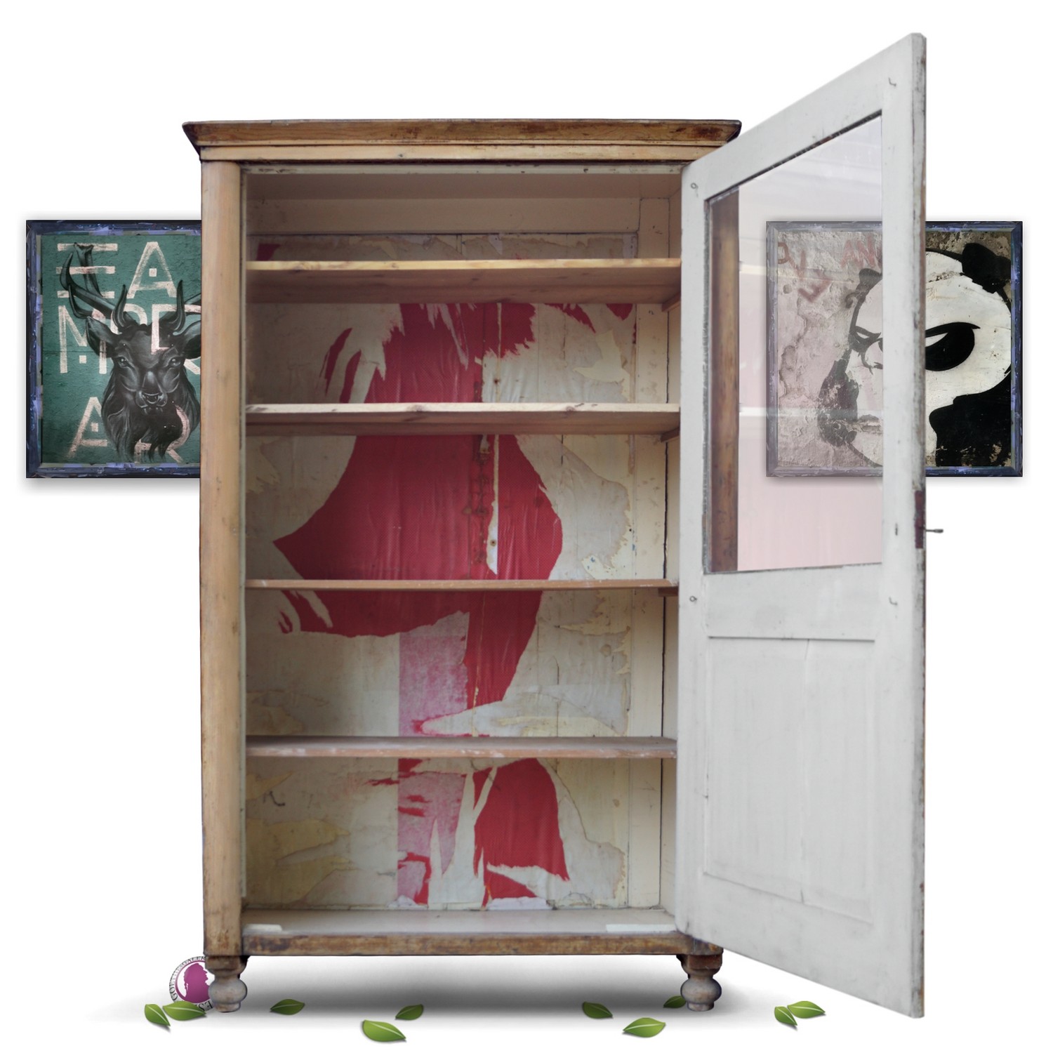 antiker Vitrinenschrank Design weiß rot Holz Vintage restauriert Weichholz Naturholz Restaurator Möbel