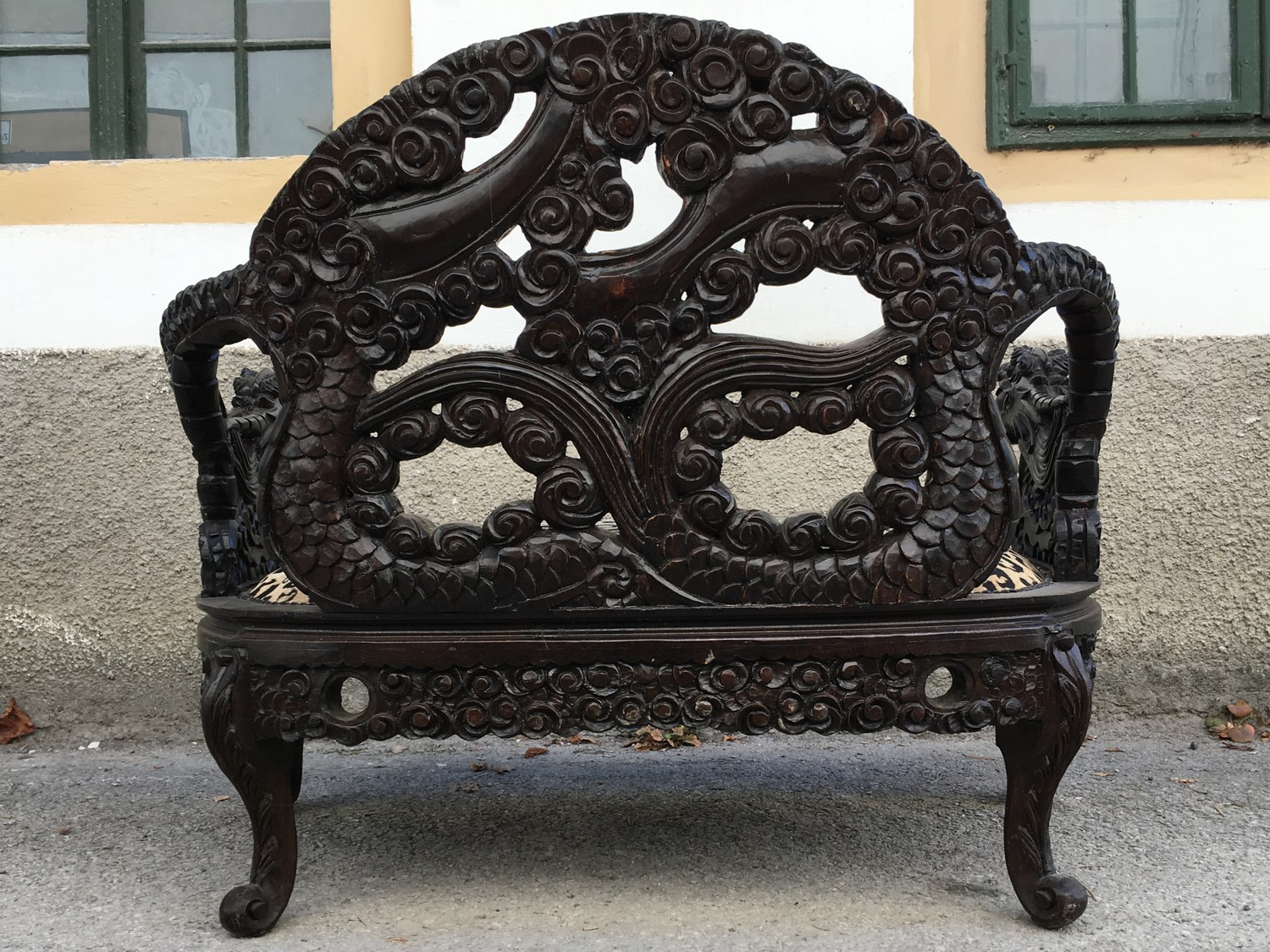 Antique Chinese Qing Dynasty Carved Rosewood Dragon Loveseat/Sofa/Bench, Circa 1890