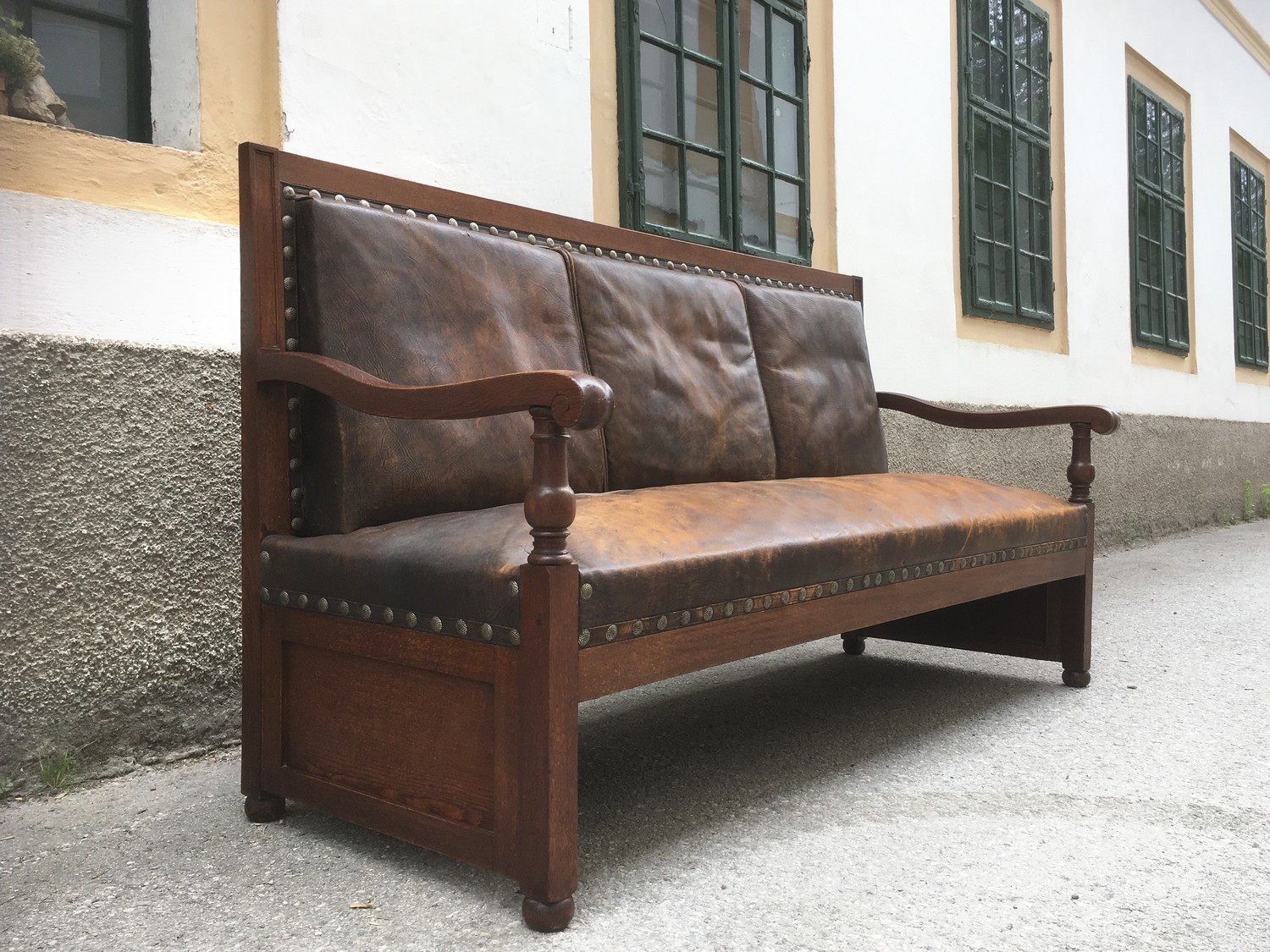 Jugendstil Sitzbank Sofa groß Eiche massiv Leder braun antik