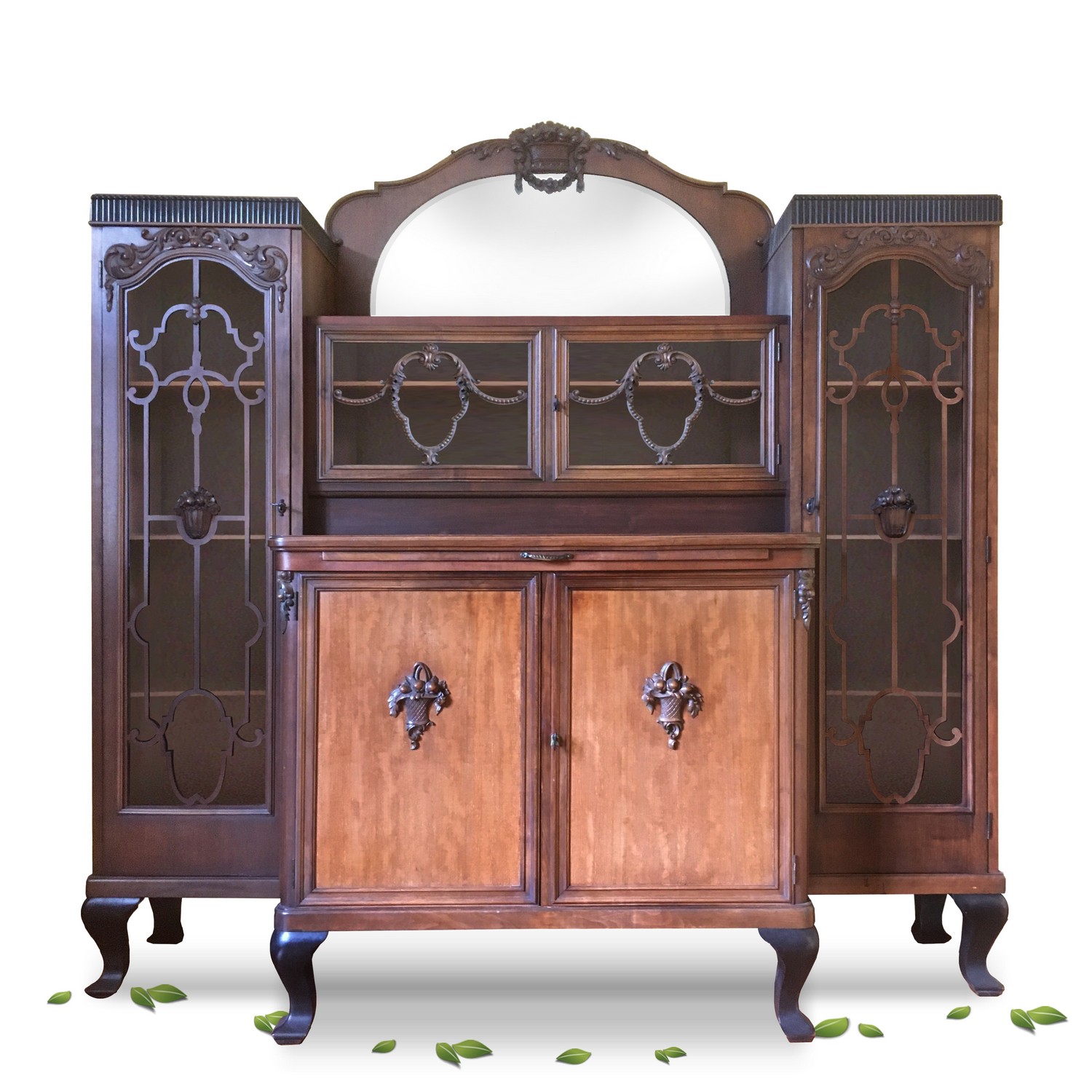 Geschirrschrank antik Vitrine Kredenz Vollholz SChrank Spiegel beschnitzt