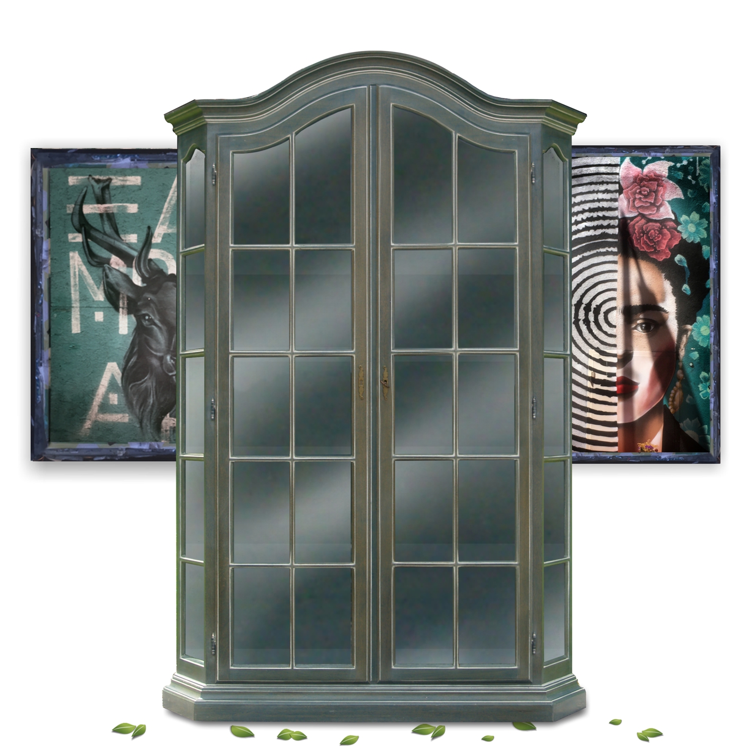 Vitrine grün bemalt Landhausstil Küchenschrank GEschirrschrank Vintage Sprossen Kristallglas Vollholz