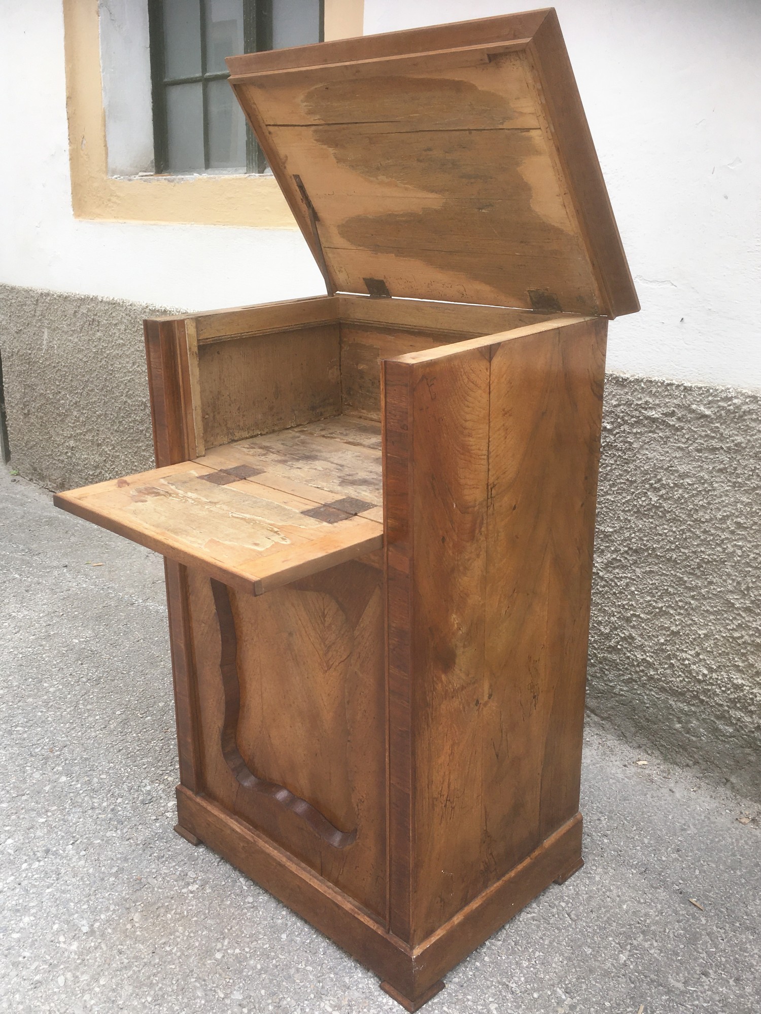 Sekretär klappdeckel schmal Schrank kleiner Vintage Schrank Halbschrank Vollholz Biedermeier Kommode Waschtisch Deckel aufklappbar antik Truhe Brezelschrank