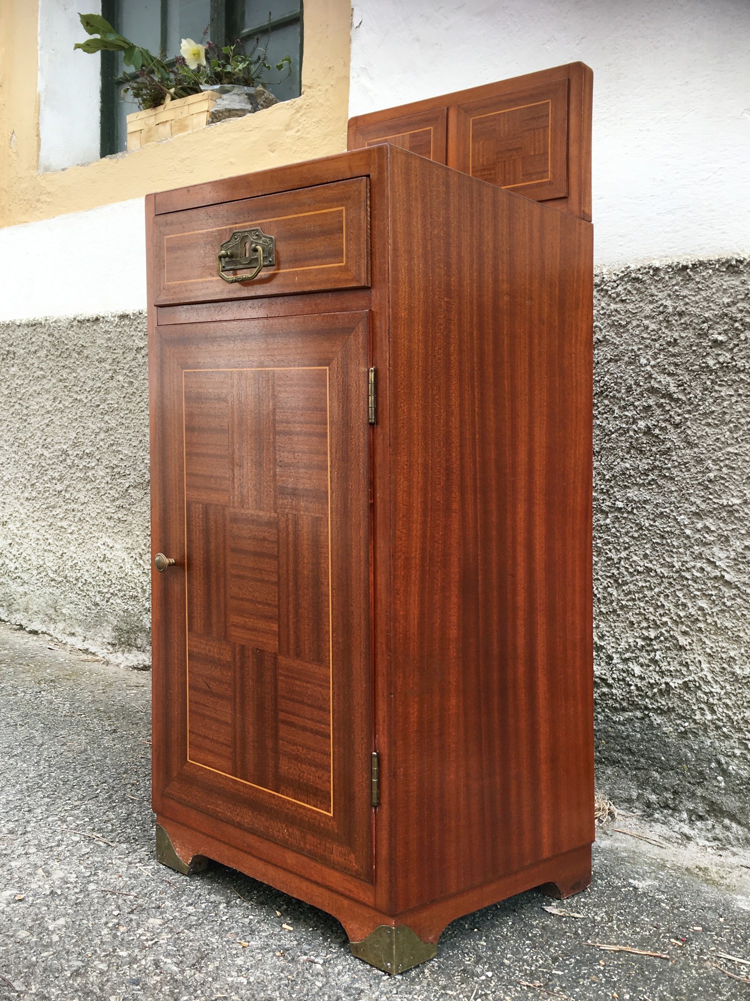 Nachtschrank Kommode Aufsatz Jugendstil Würfelfurnier antik