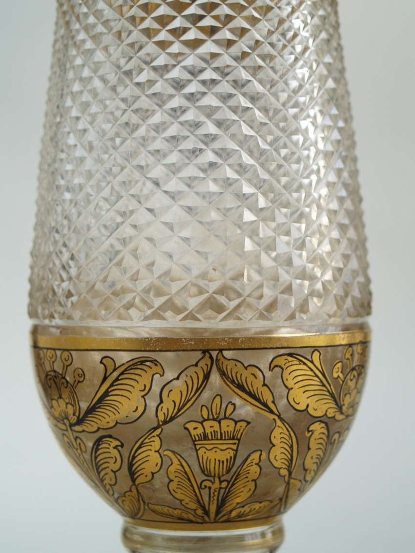 Vase antik Glas vergoldet Blätter