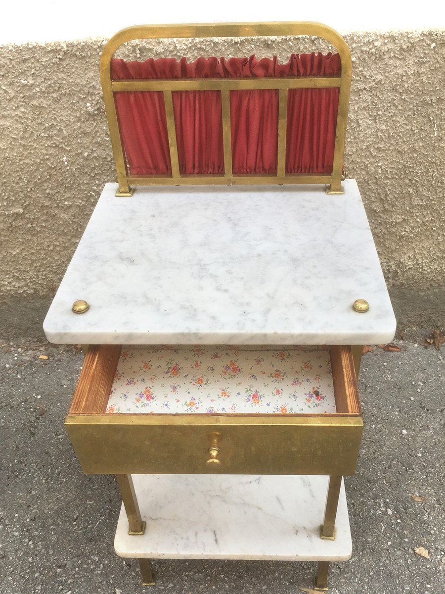 Nachttisch antik Jugendstil Nachtkasten Marmor Messing mit Vorhanghalter