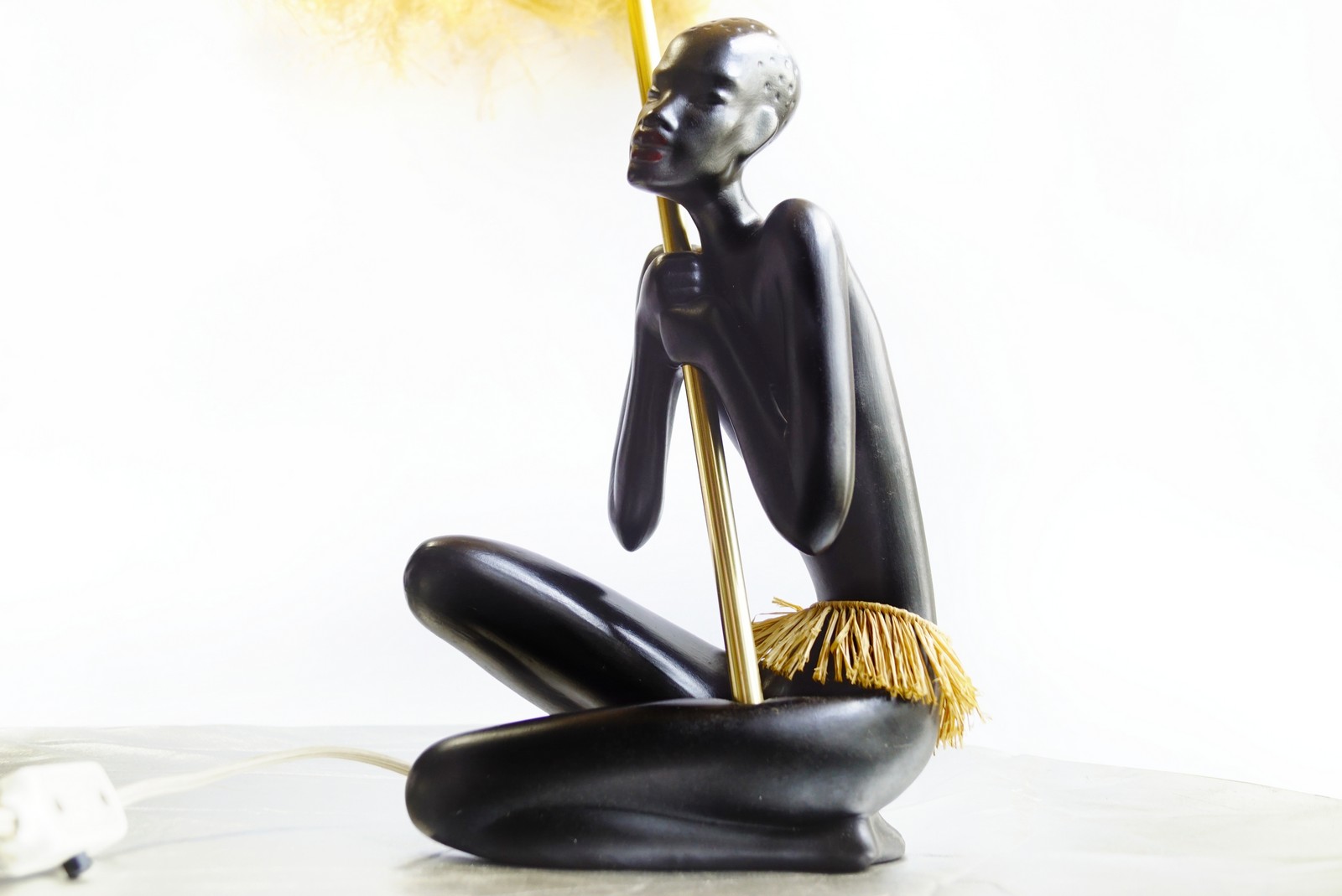 Gmundner Keramik Fink Tischlampe Afrikanerin Bastschirm Vintage