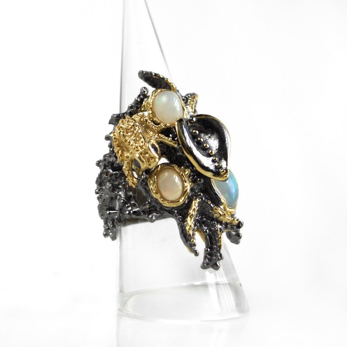 Ring 925 Silber Edelstein Opal Saphir Märchenwald handgefertigt Einzelstück