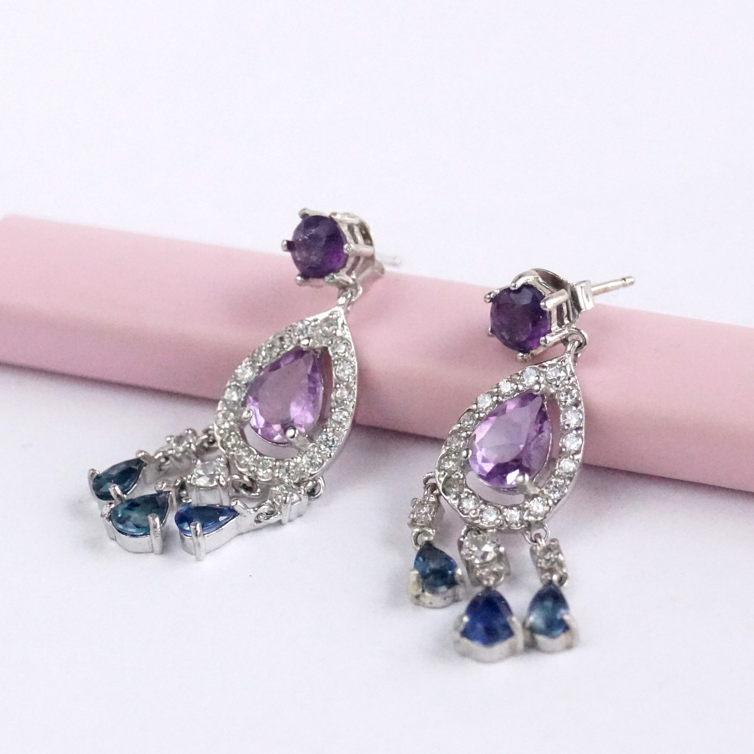 Ohrstecker Silber 925 Amethyst blaue Saphire Handarbeit