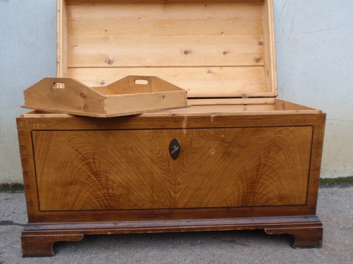 Truhe antik groß mit Runddeckel furniert mit Vollholz Einlegetablett