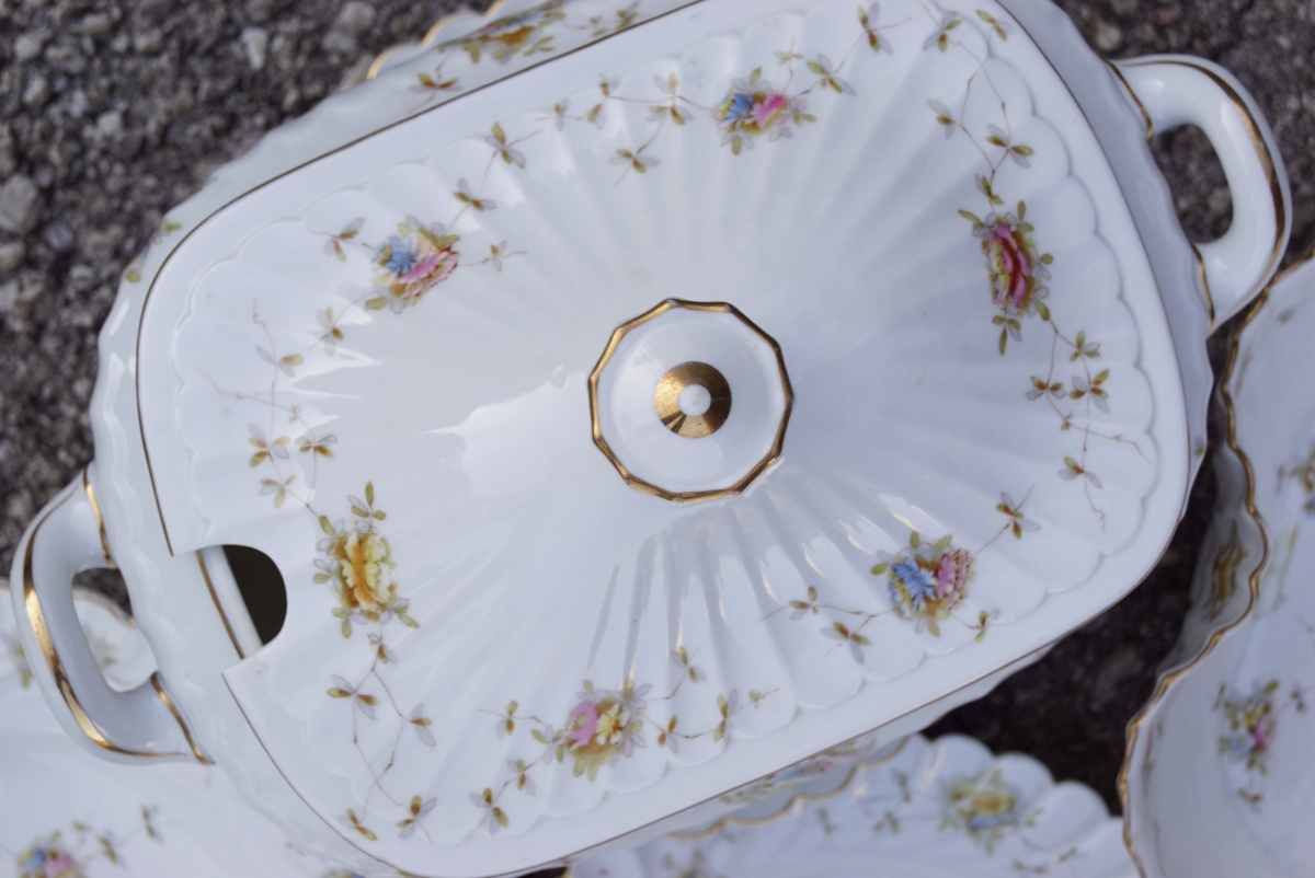 antikes Porzellan Komplettset blümchen gold eckig antikes Geschirr Shabby chic Vintage Jugendstil Teller Terrinne Sauciere Komplettset