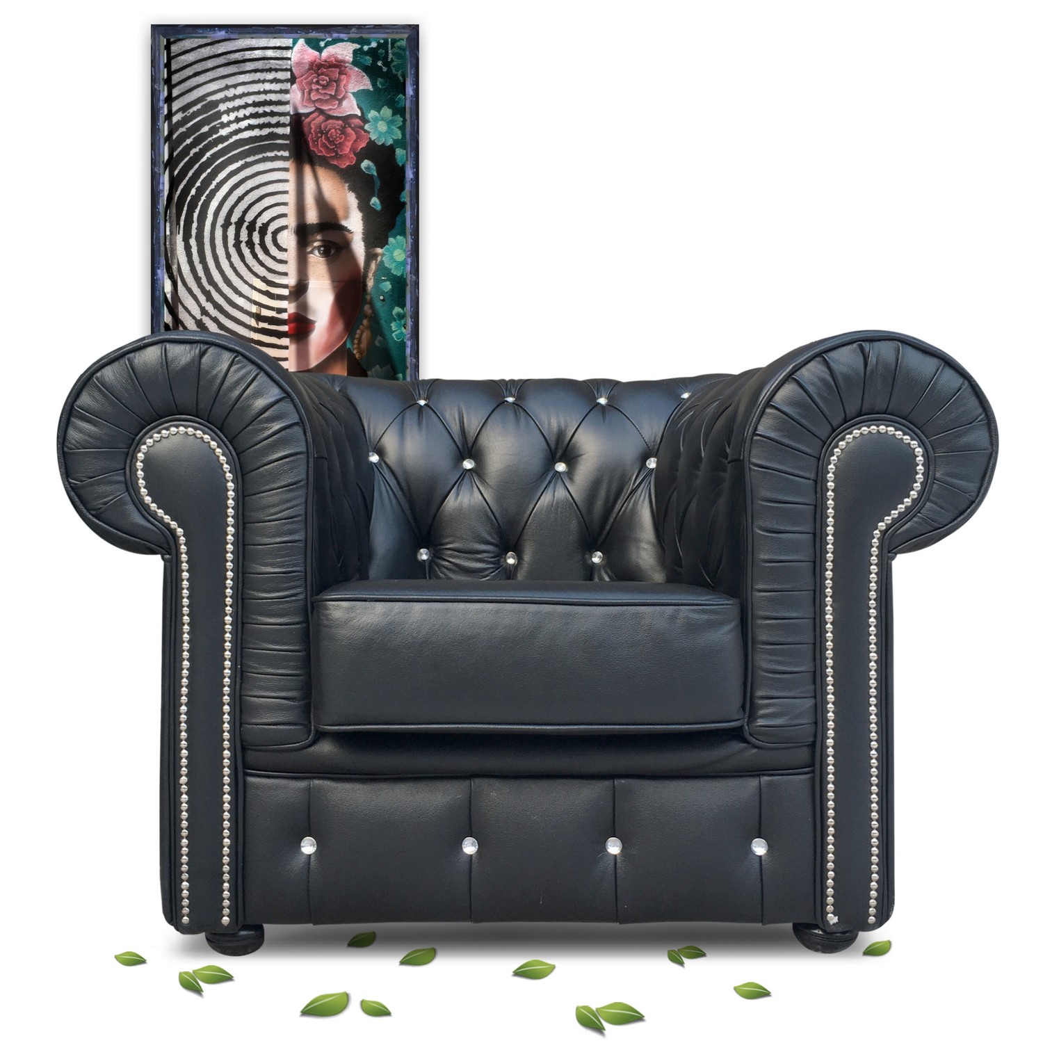 Chesterfield Sessel schwarz Kristallknöpfe Armlehnstuhl Fauteuil Antikstil