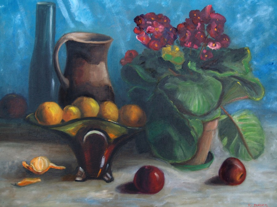 Ölbild großes Stilleben Blumen Veilchen Kirschen blau rot antik