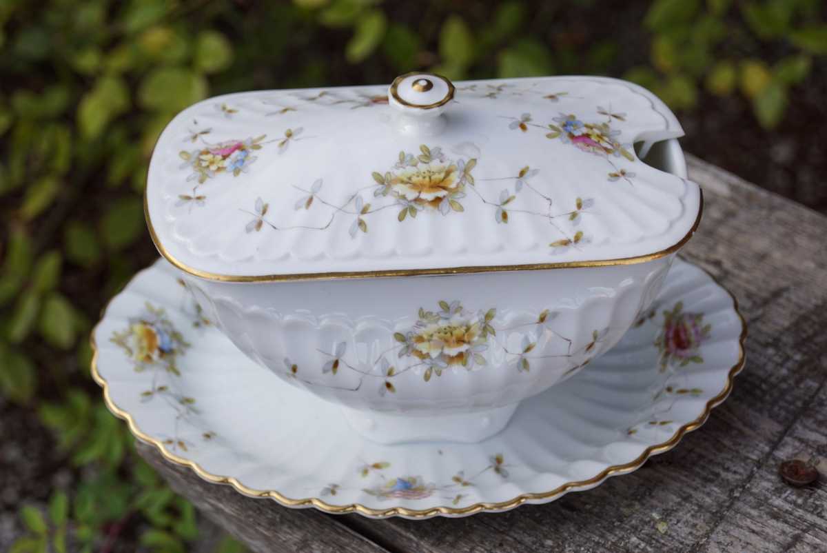 antikes Porzellan Komplettset blümchen gold eckig antikes Geschirr Shabby chic Vintage Jugendstil Teller Terrinne Sauciere