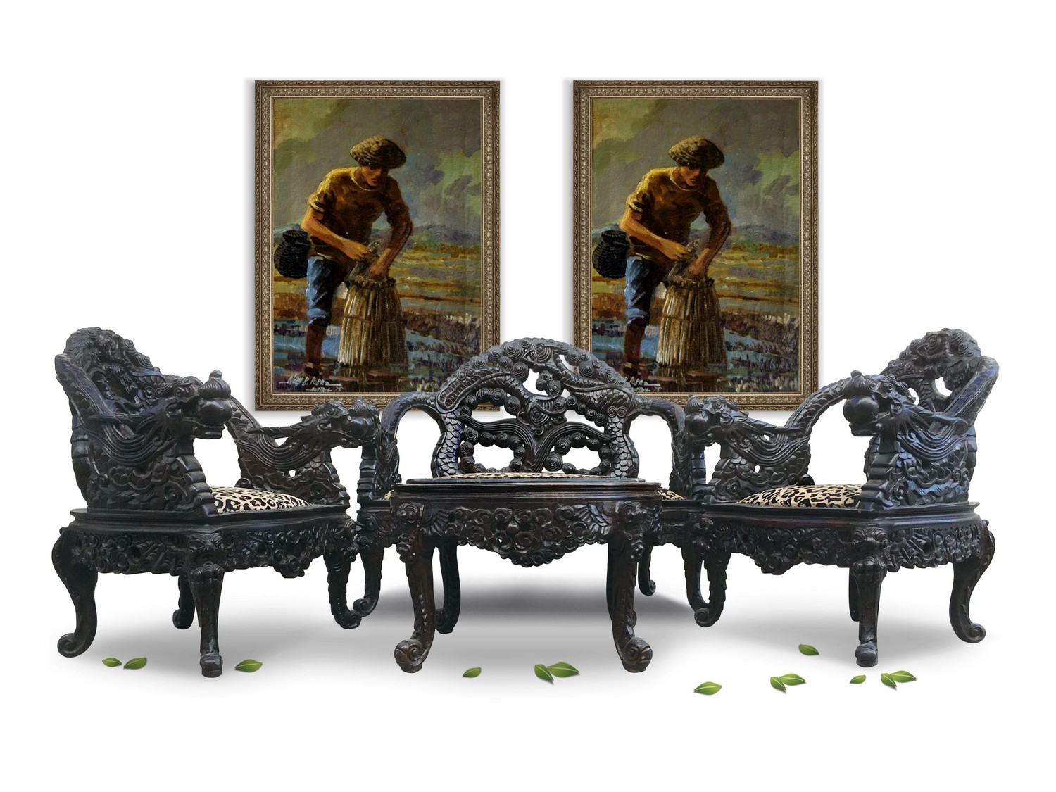 Sitzgarnitur asiatisch beschnitzt Drachen Sessel Sofa Tisch China Möbel asiatisch Sofagarnitur