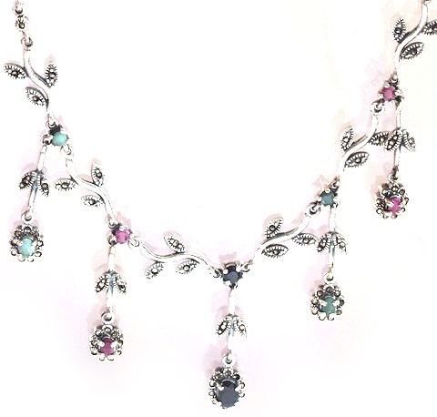 Collier 925 Silber Edelsteine Schmuck Handarbeit Rubin Collier Halskette floral 925 Silber Rubin Saphir Smaragd